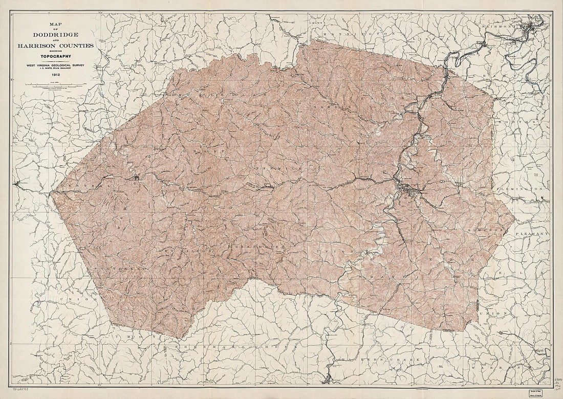 This old map of Map of Doddridge and Harrison Counties Showing Topography from 1912 was created by  West Virginia Geological and Economic Survey, I. C. (Israel Charles) White in 1912