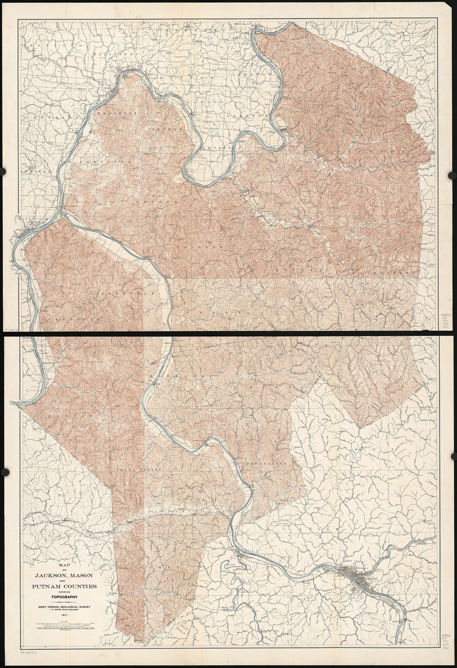 This old map of Map of Jackson, Mason, and Putnam Counties Showing Topography from 1911 was created by  West Virginia Geological and Economic Survey, I. C. (Israel Charles) White in 1911
