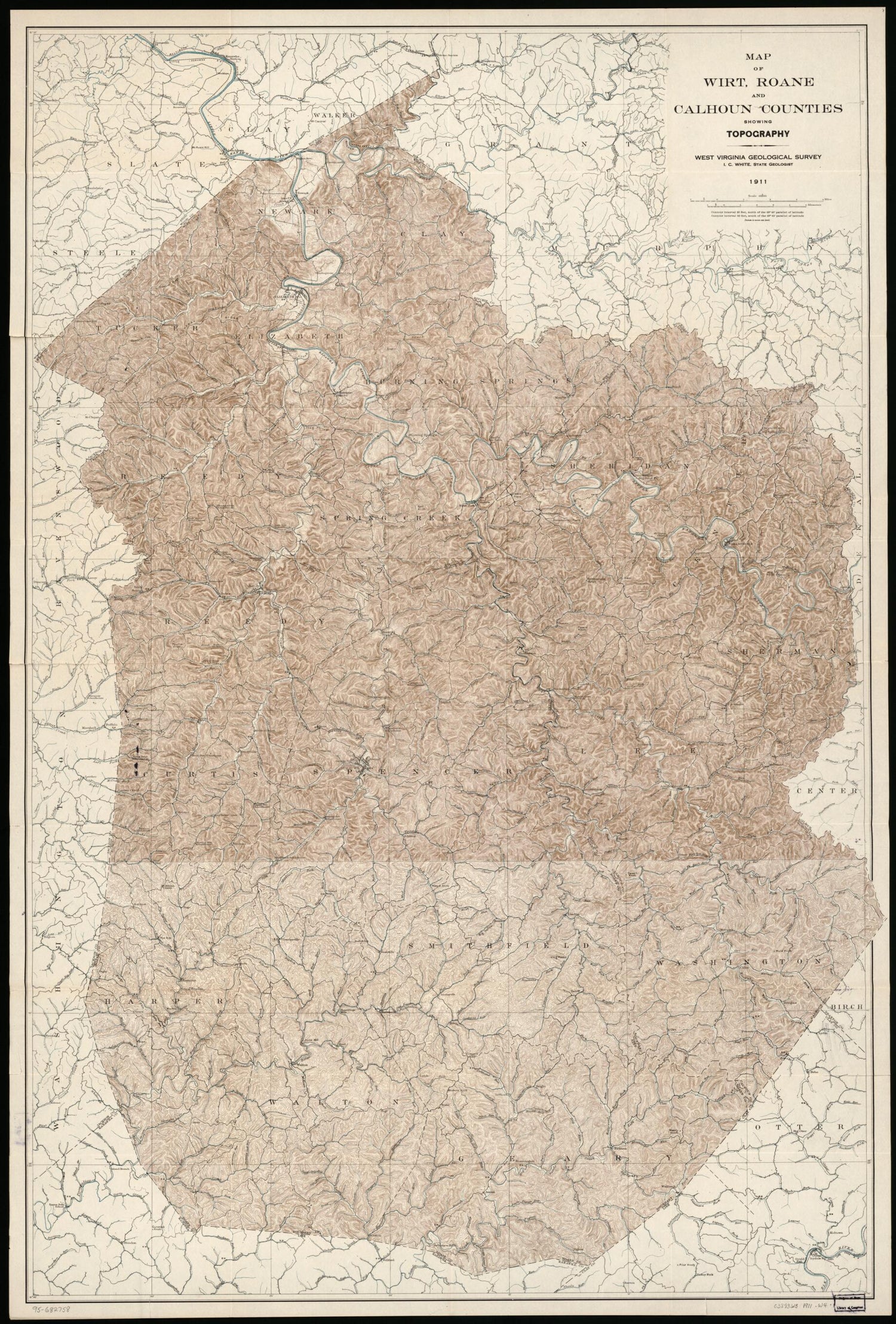 This old map of Map of Wirt, Roane, and Calhoun Counties Showing Topography from 1911 was created by  West Virginia Geological and Economic Survey, I. C. (Israel Charles) White in 1911