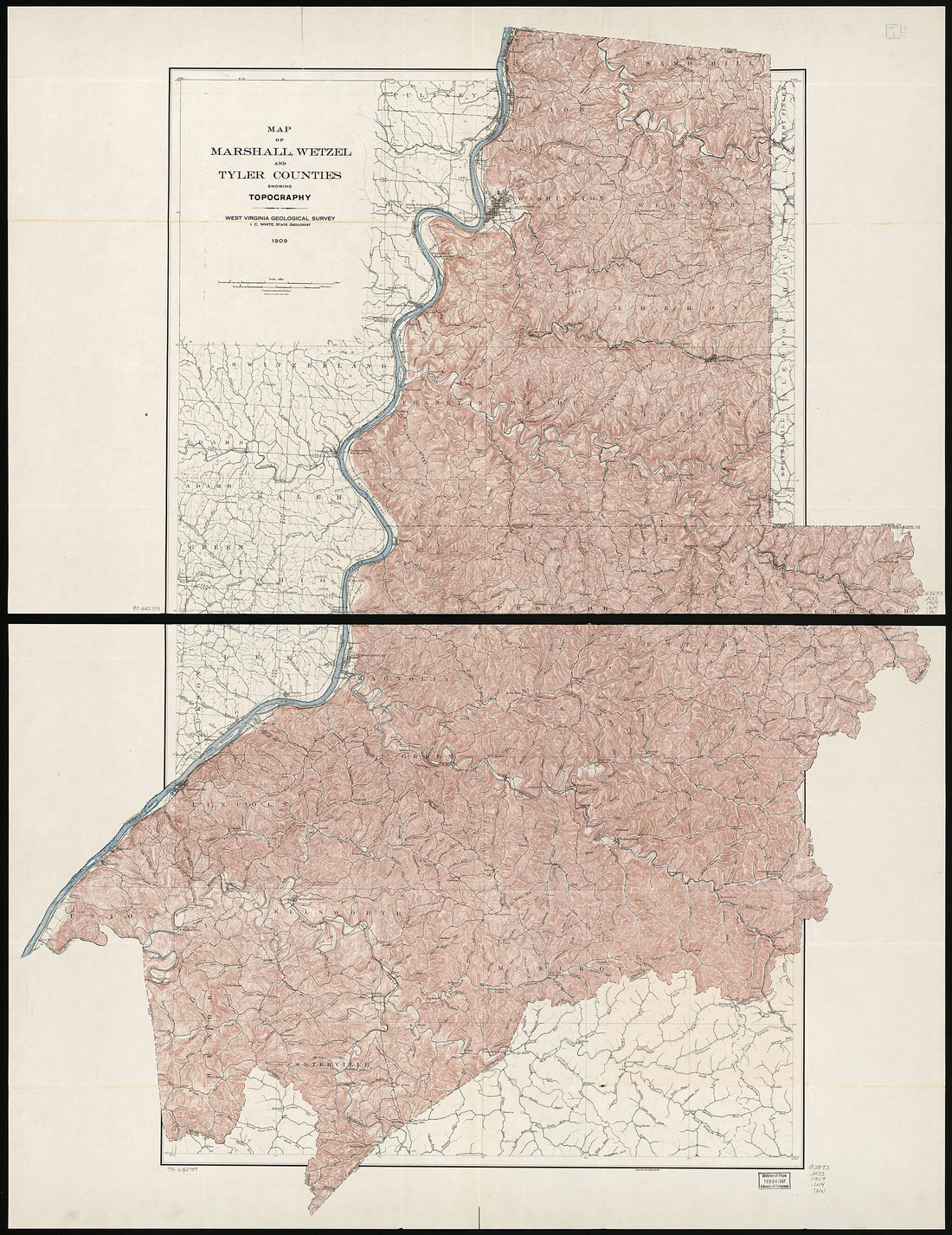 This old map of Map of Marshall, Wetzel, and Tyler Counties Showing Topography from 1909 was created by  West Virginia Geological and Economic Survey, I. C. (Israel Charles) White in 1909