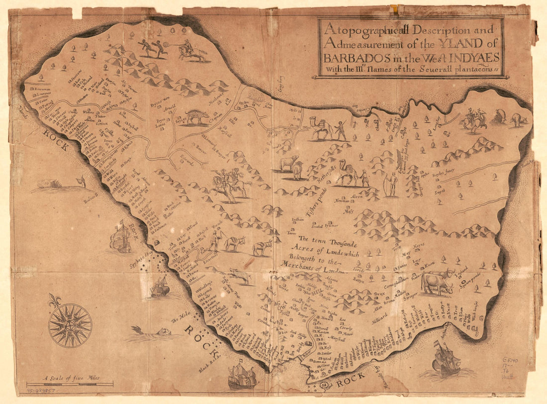 This old map of A Topographicall Description and Admeasurement of the Yland of Barbados In the West Indyaes With the Mrs. Names of the Seuerall Plantacons from 1700 was created by Jessica Lee in 1700