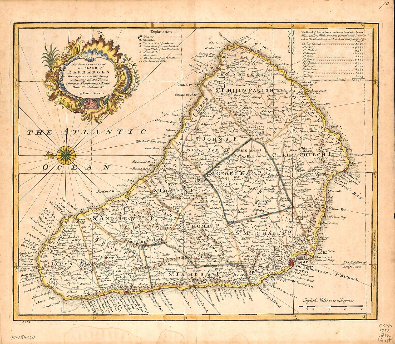 This old map of An Accurate Map of the Island of Barbadoes from 1752 was created by Emanuel Bowen, Jessica Lee in 1752
