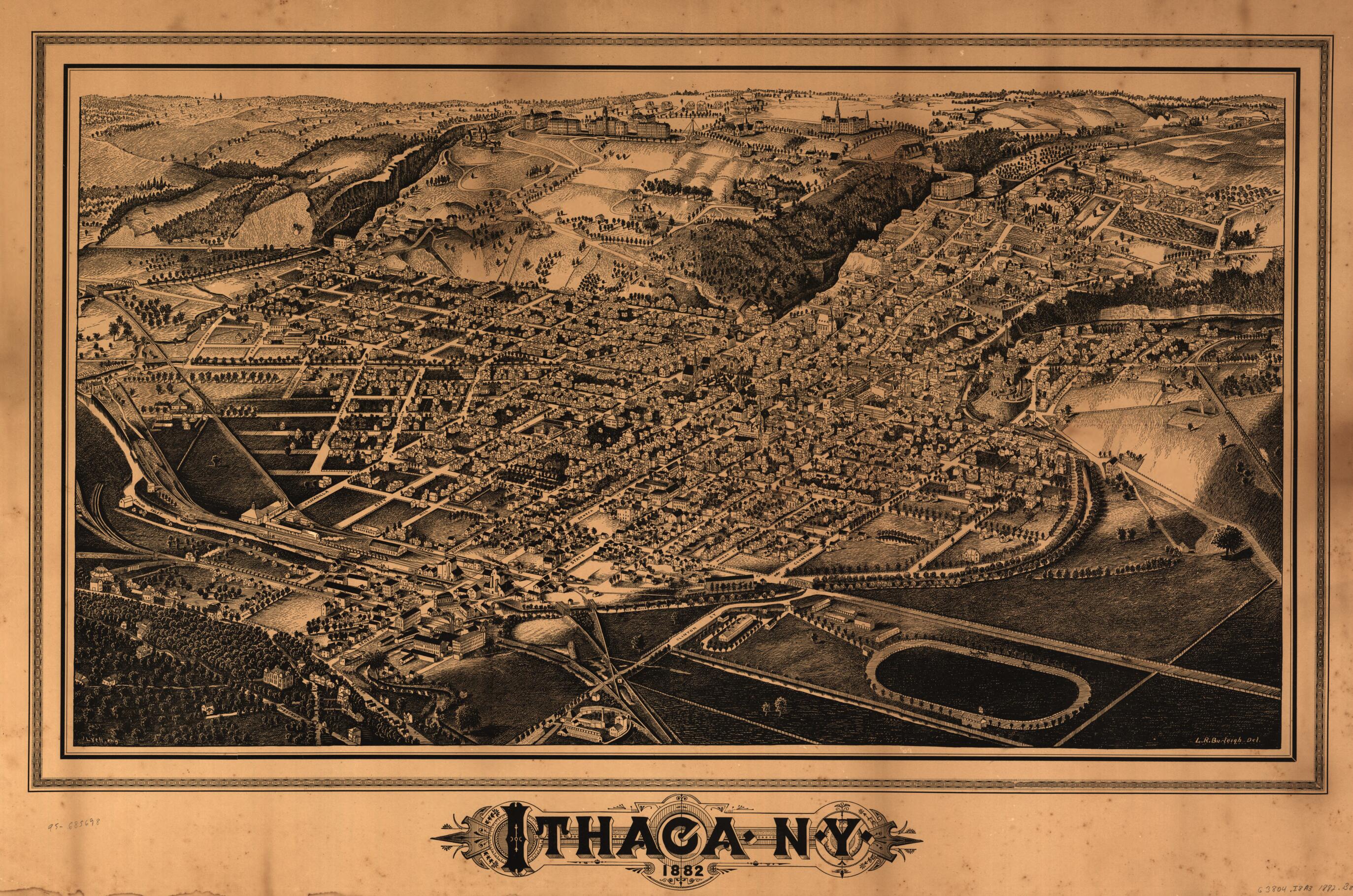 This old map of Ithaca, New York from 1882 was created by L. R. (Lucien R.) Burleigh, J. Lyth in 1882