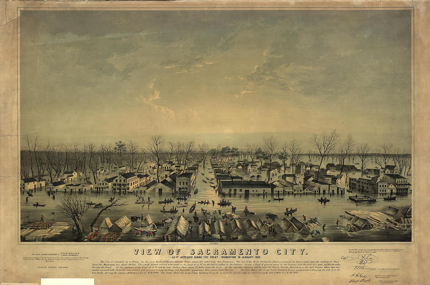 This old map of View of Sacramento City As It Appeared During the Great Inundation In January from 1850 / Drawn from Nature by Geo. W. Casilear &amp; Henry Bainbridge ; Lith. of Sarony, New York was created by Henry Bainbridge, George W. Casilear, Napoleon S
