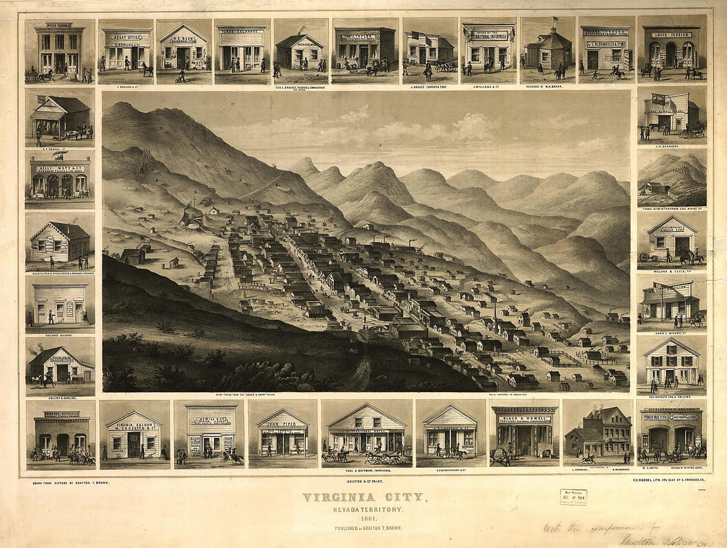 This old map of Virginia City, Nevada Territory, 1861 / Drawn from Nature by Grafton T. Brown ; C.C. Kuchel, Lith from 1861, 1911 was created by Grafton Tyler Brown, Lewis Wickes Hine, Charles Conrad Kuchel in 1861, 1911