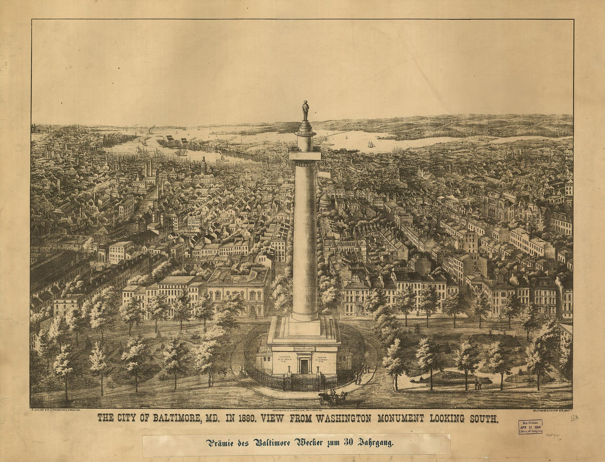 The City of Baltimore City, Md. In 1880 View from Washington Monument Looking South / A. Sachse &amp; Co. Lithographers &amp; Printers by Relic Map Company
