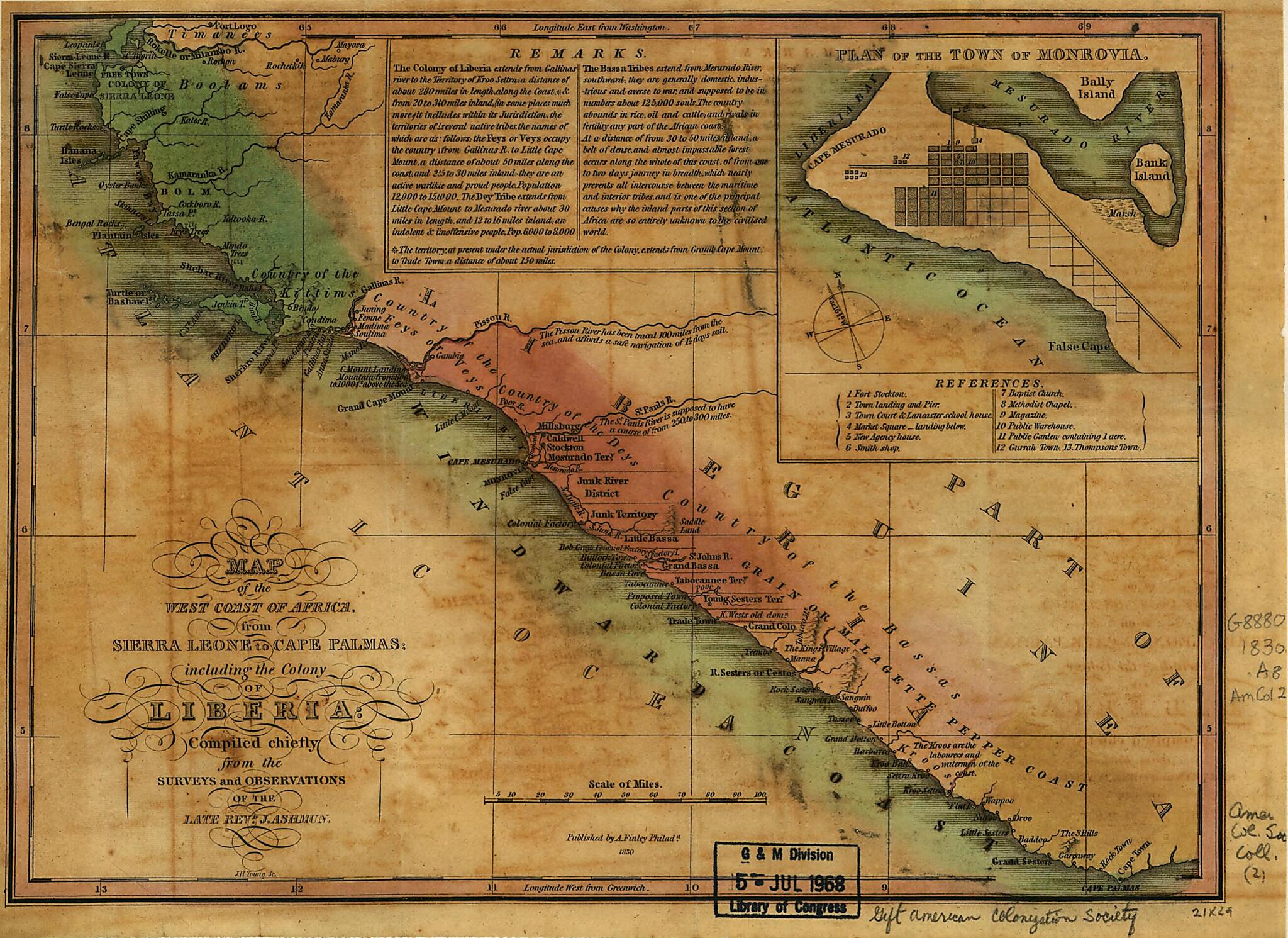 This old map of Map of the West Coast of Africa from Sierra Leone to Cape Palmas, Including the Colony of Liberia from 1830 was created by J. (Jehudi) Ashmun, A. (Anthony) Finley, J. H. (James Hamilton) Young in 1830