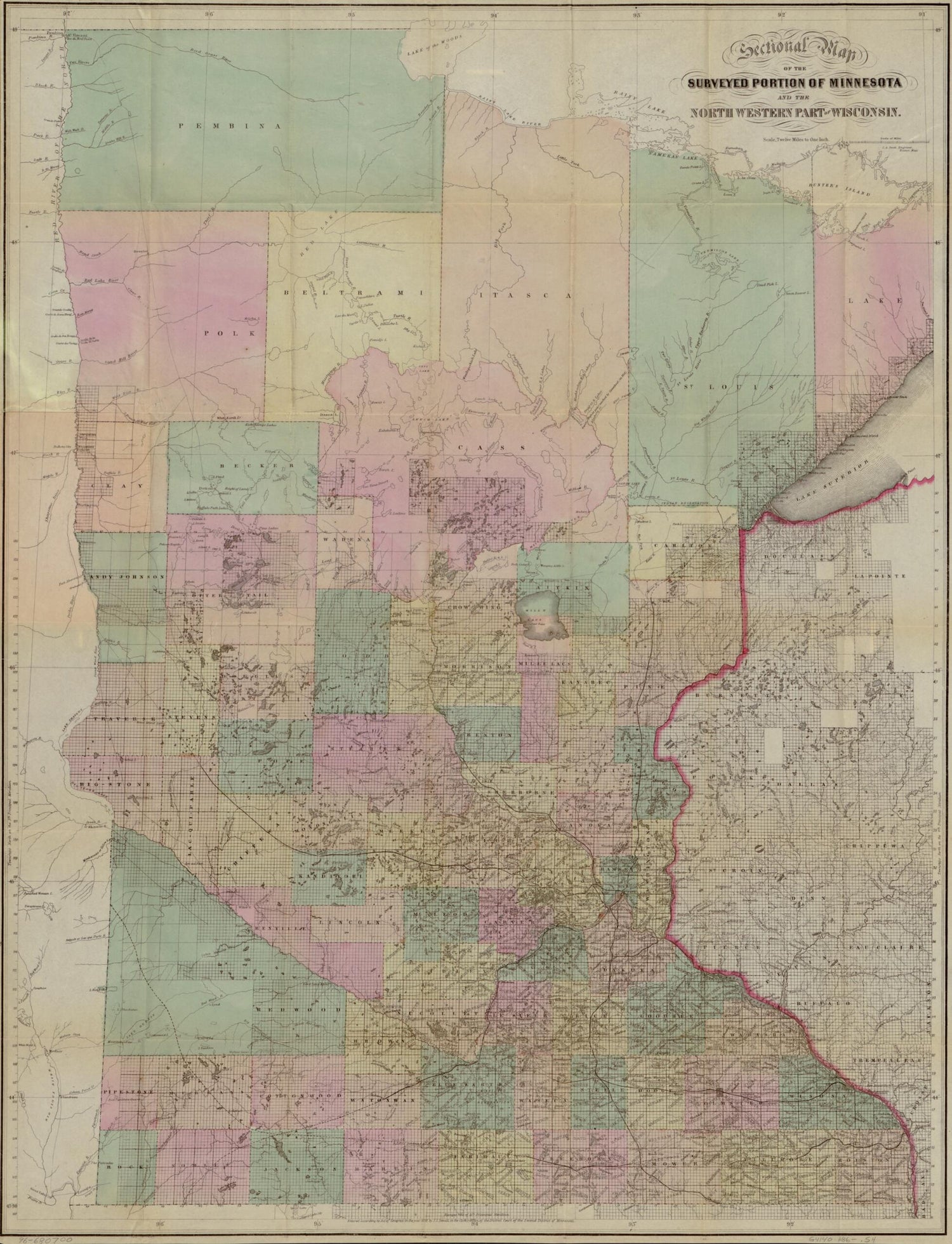 This old map of Sectional Map of the Surveyed Portion of Minnesota and North Western Part of Wisconsin from 1860 was created by J. S. (Joseph S.) Sewall in 1860