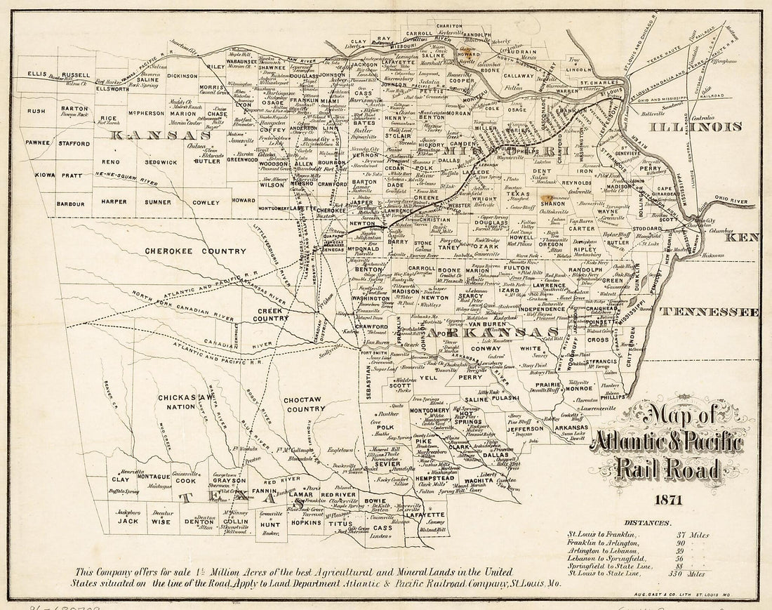 This old map of Map of Atlantic &amp; Pacific Rail Road, from 1871 was created by  August Gast &amp; Co in 1871