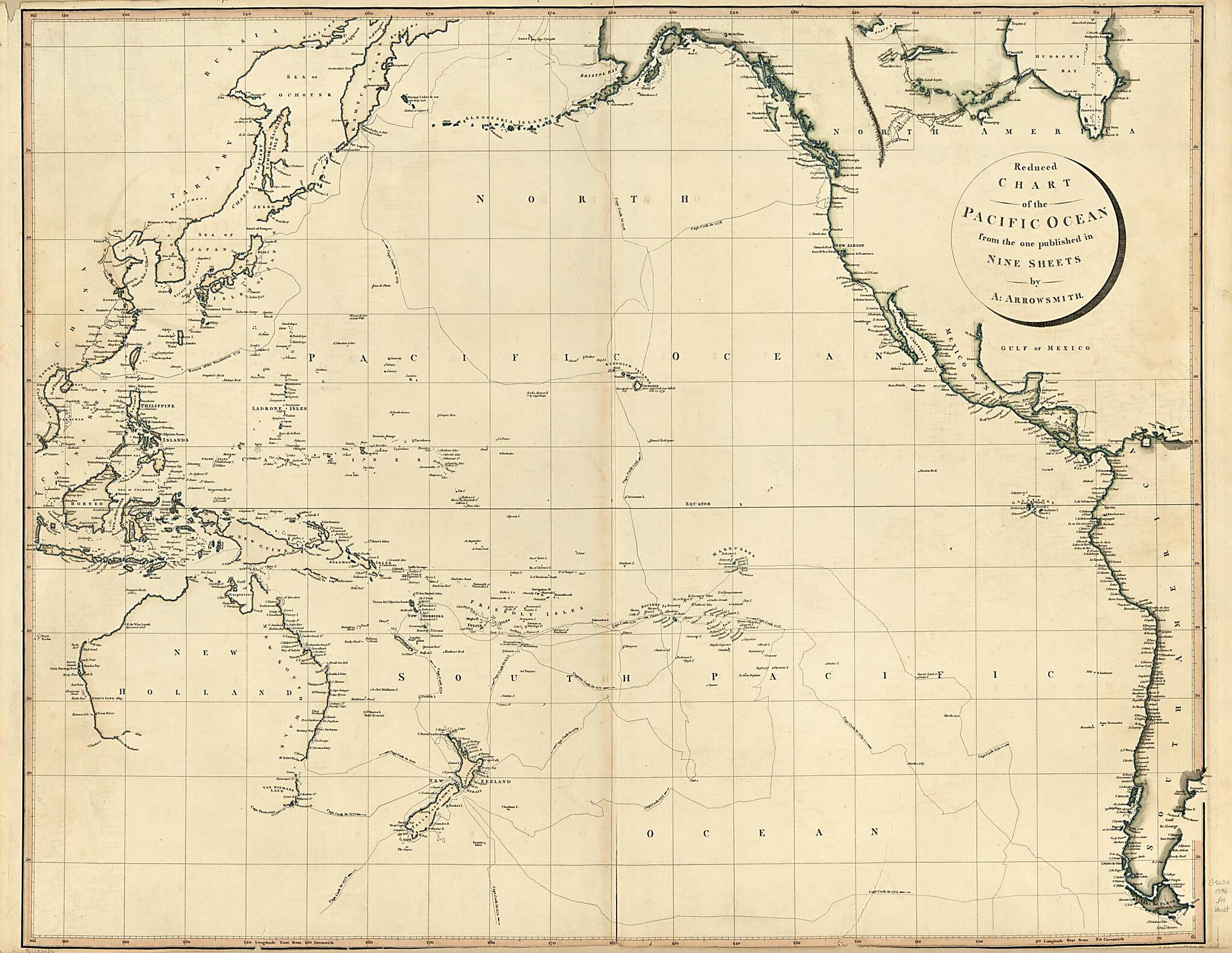 This old map of Reduced Chart of the Pacific Ocean : from the One Published In Nine Sheets from 1798 was created by George Allen, Aaron Arrowsmith, James Cook in 1798