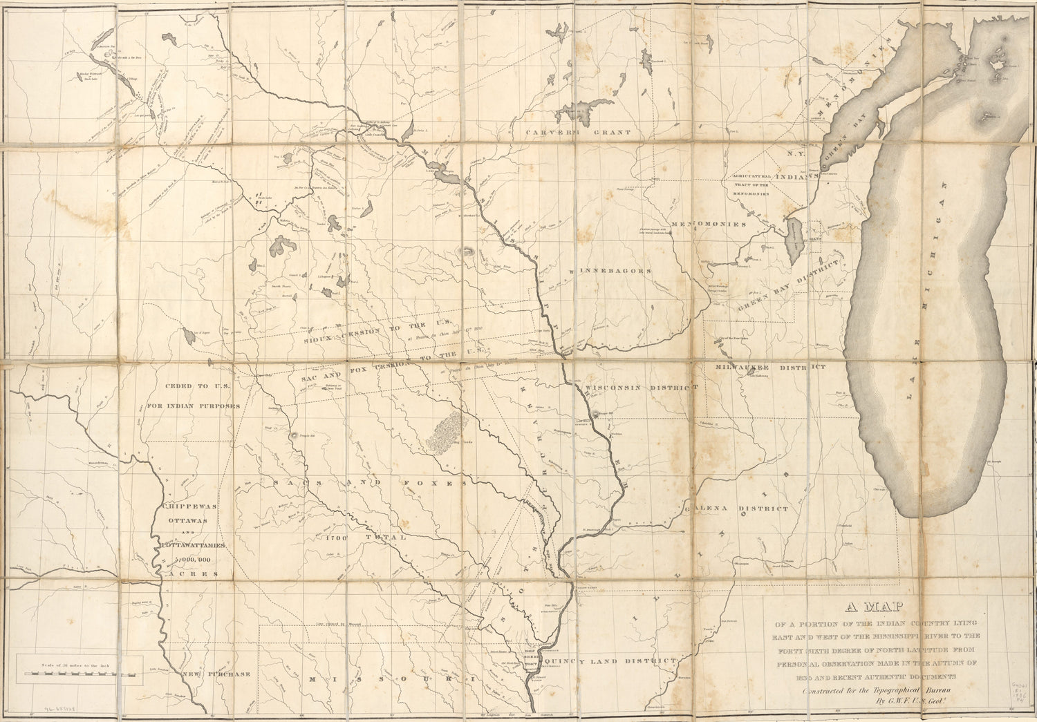 This old map of A Map of a Portion of the Indian Country Lying East and West of the Mississippi River to the Forty Sixth Degree of North Latitude from Personal Observation Made In the Autumn of 1835 and Recent Authentic Documents (Geological Report of an