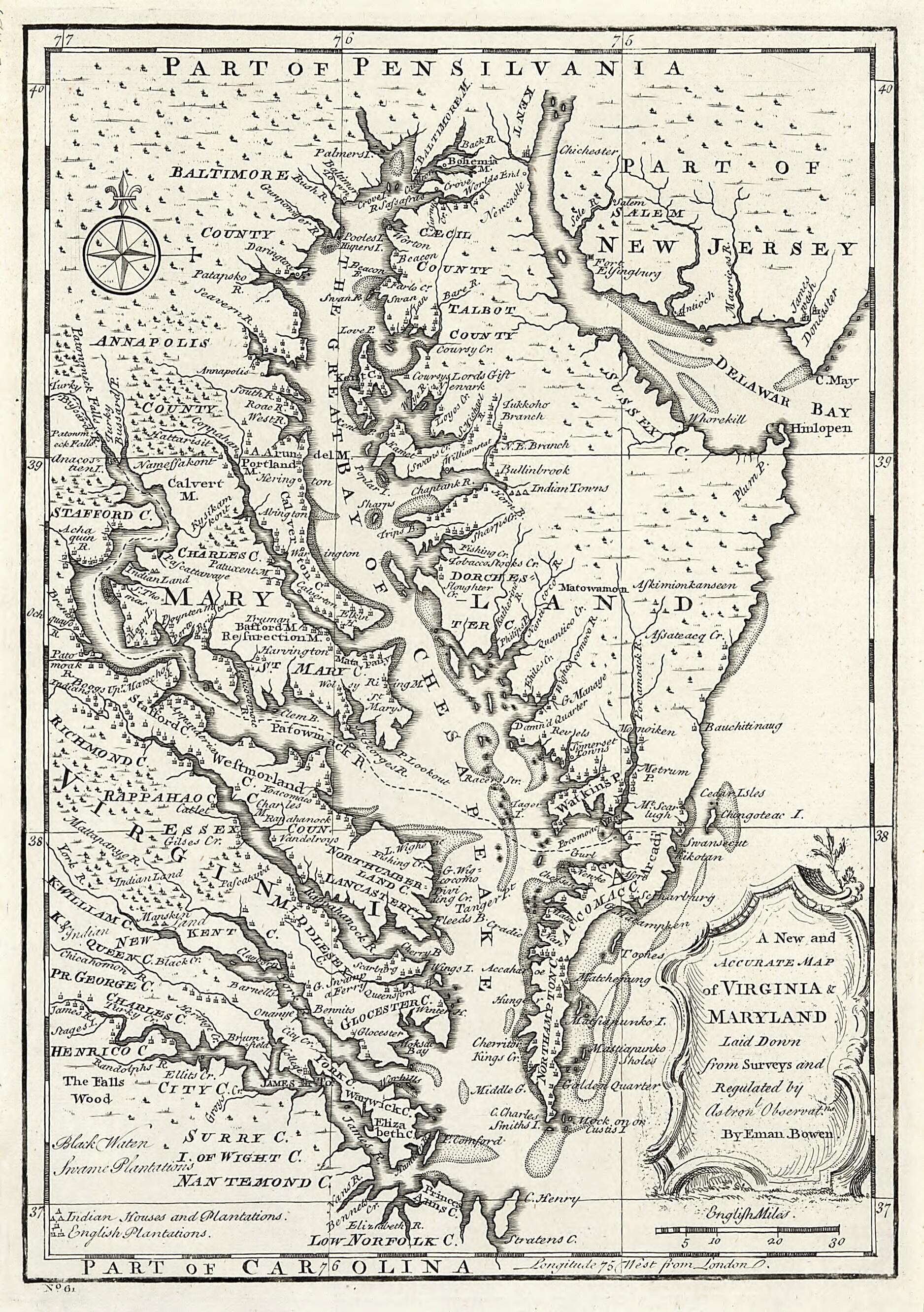 This old map of A New and Accurate Map of Virginia &amp; Maryland : Laid Down from Surveys and Regulated Astronl. Observatns from 1752 was created by Emanuel Bowen in 1752