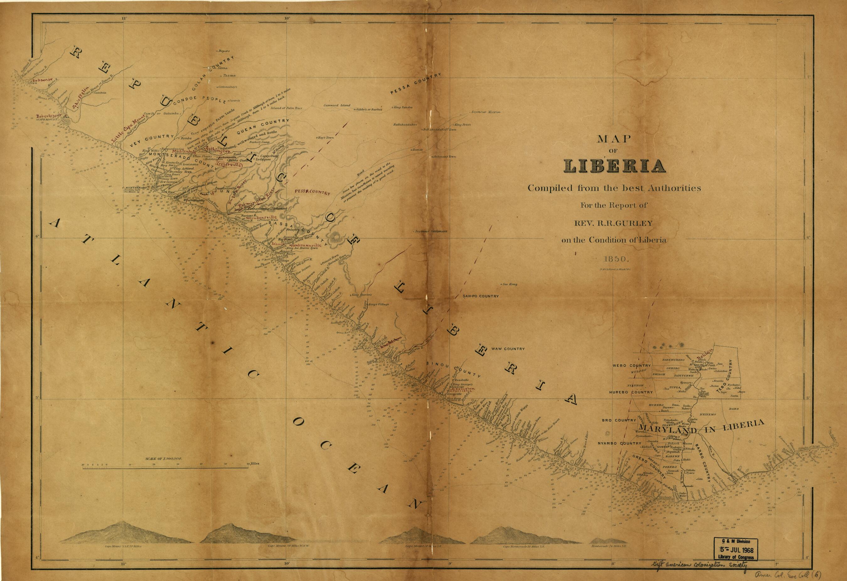 This old map of Map of Liberia from 1850 was created by Ralph Randolph Gurley, D. McClelland in 1850