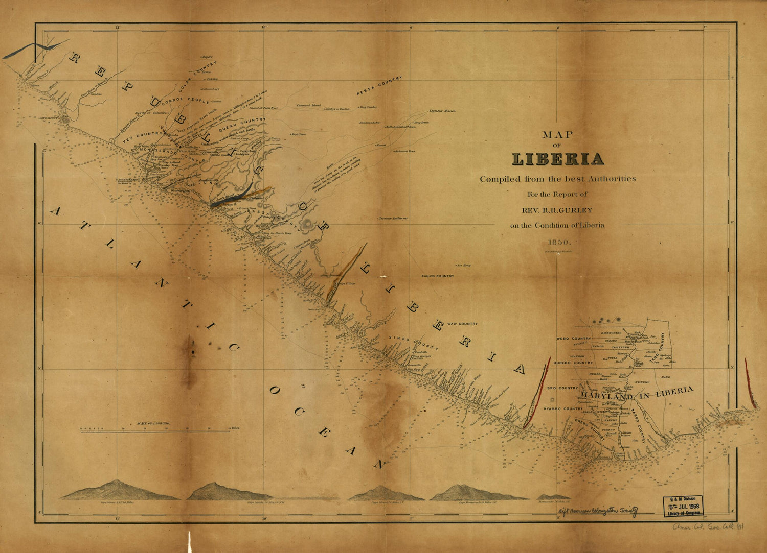 This old map of Map of Liberia from 1850 was created by Ralph Randolph Gurley in 1850