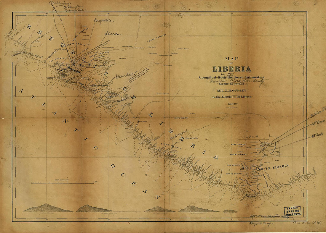 This old map of Map of Liberia from 1850 was created by  American Colonization Society, Ralph Randolph Gurley in 1850