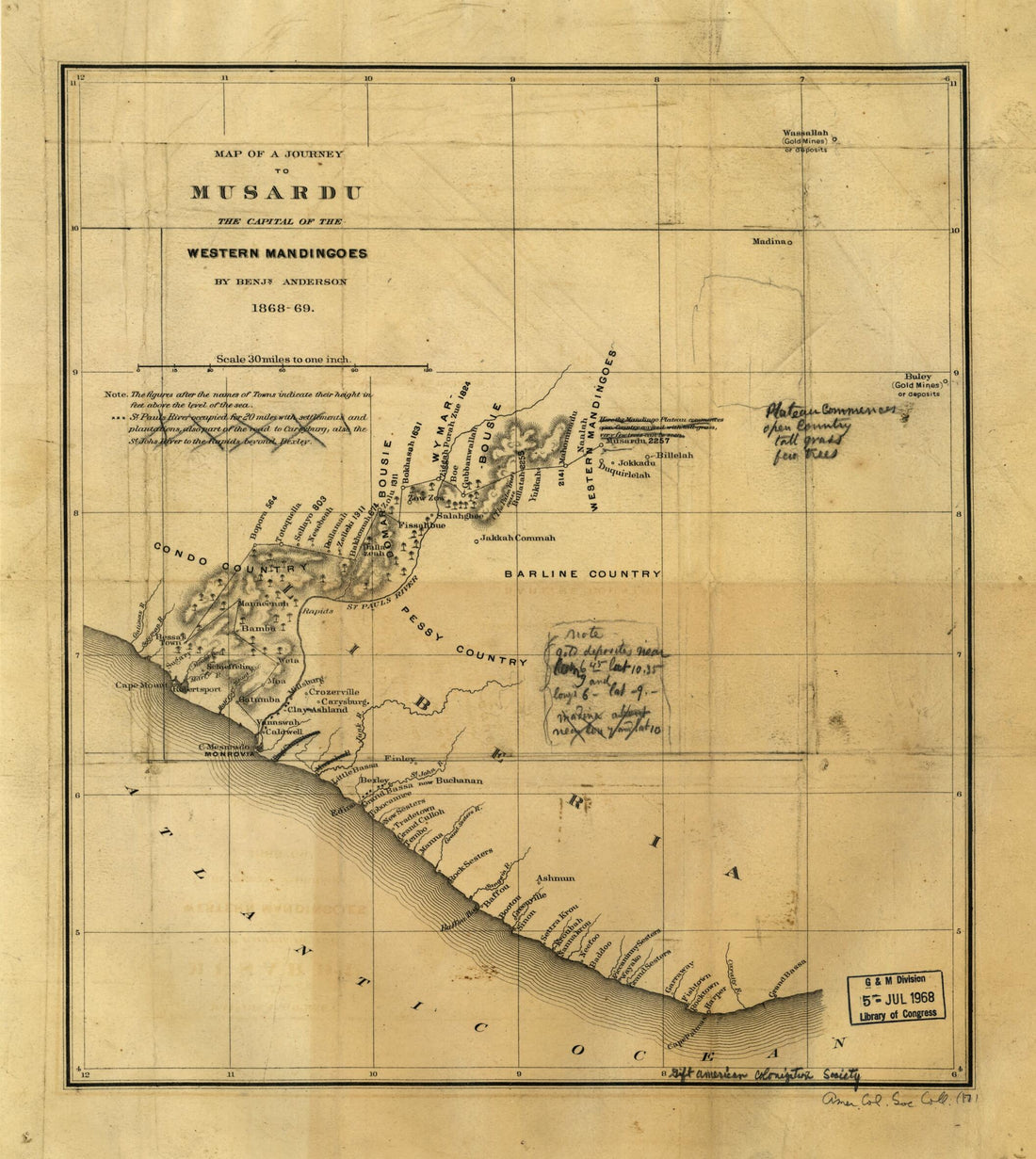 This old map of Map of a Journey to Musardu, the Capital of the Western Mandingoes from 1869 was created by Benjamin J. K. Anderson in 1869