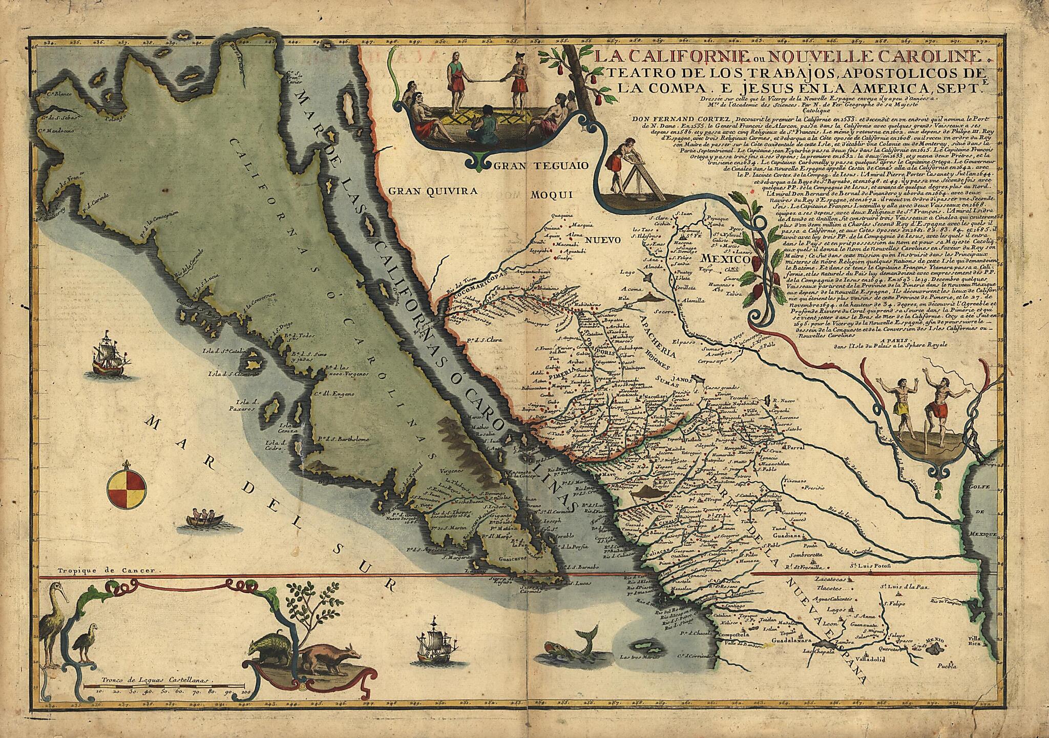 This old map of La Californie Ou Nouvelle Caroline : Teatro De Los Trabajos, Apostolicos De La Compa. E Jesus En La America Septe from 1720 was created by Nicolas De Fer in 1720