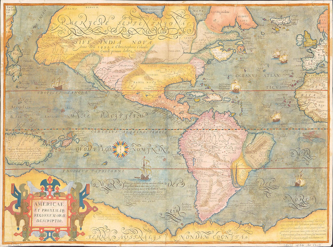 Americae Et Proximar Regionvm Orae Descriptio. (Americae Et Proximar Regionum Orae Descriptio) 1580 by Relic Map Company