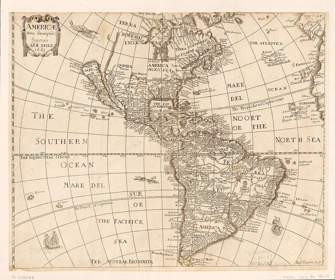 This old map of Americae Nova Descriptio from 1663 was created by Anne Seile, Robert Vaughan in 1663