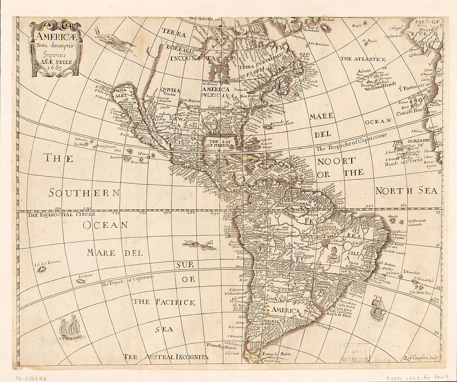 This old map of Americae Nova Descriptio from 1663 was created by Anne Seile, Robert Vaughan in 1663