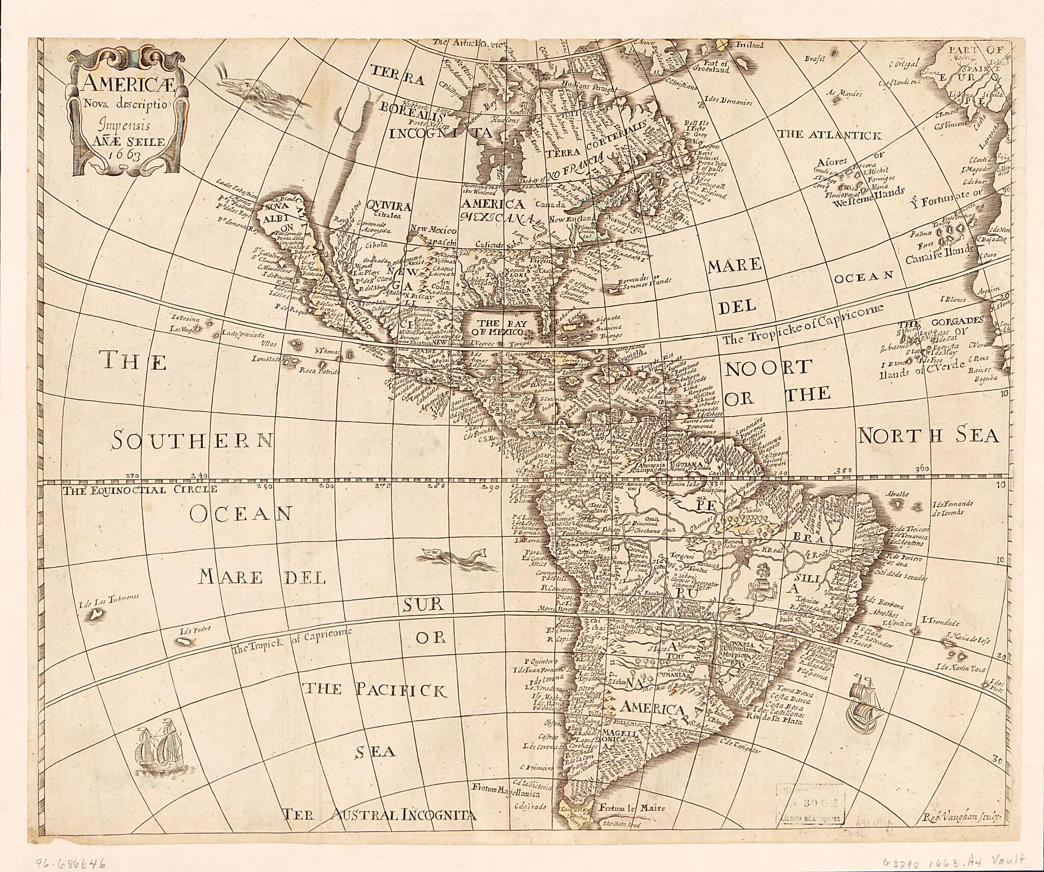 This old map of Americae Nova Descriptio from 1663 was created by Anne Seile, Robert Vaughan in 1663
