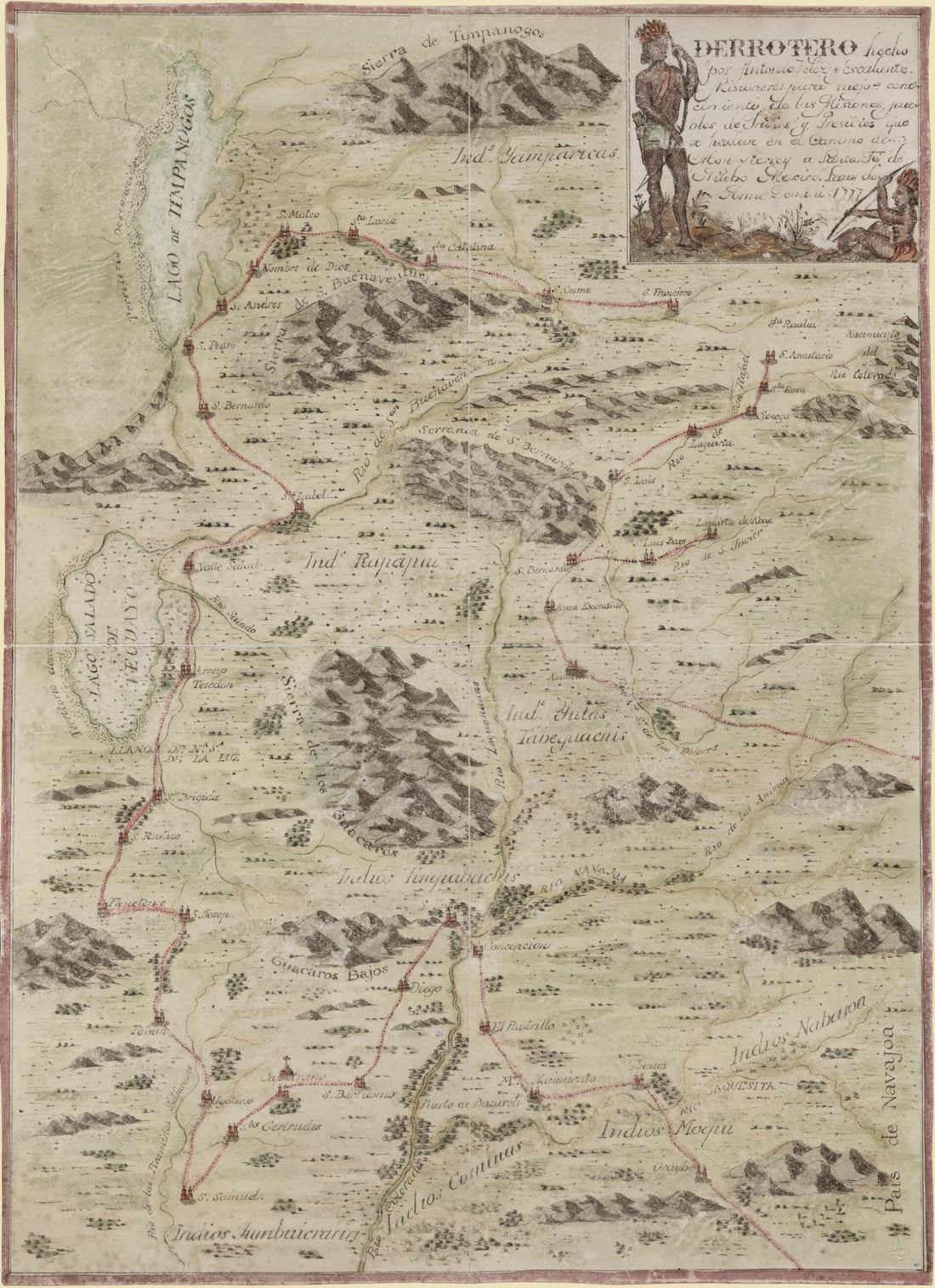 This old map of Derrotero Hecho Por Antonio Vélez Y Escalante, Misionero Para Mejor Conocimiento De Las Misiones, Pueblos De Indios Y Presidios Que Se Hallan En El Camino De Monterrey a Santa Fe De Nuebo Mexico from 1777 was created by Antonio Vélez Y 