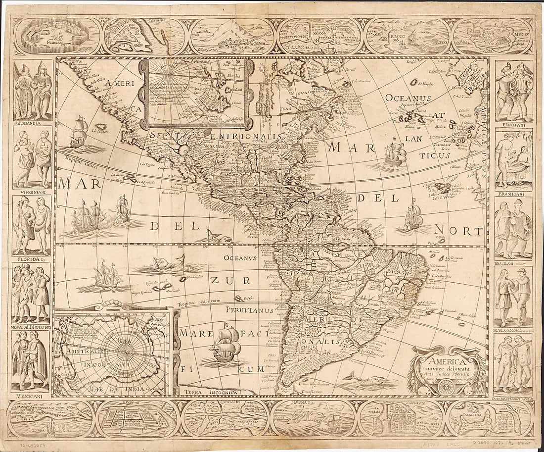 This old map of America Noviter Delineata from 1670 was created by Jodocus Hondius, Pietro Todeschi in 1670