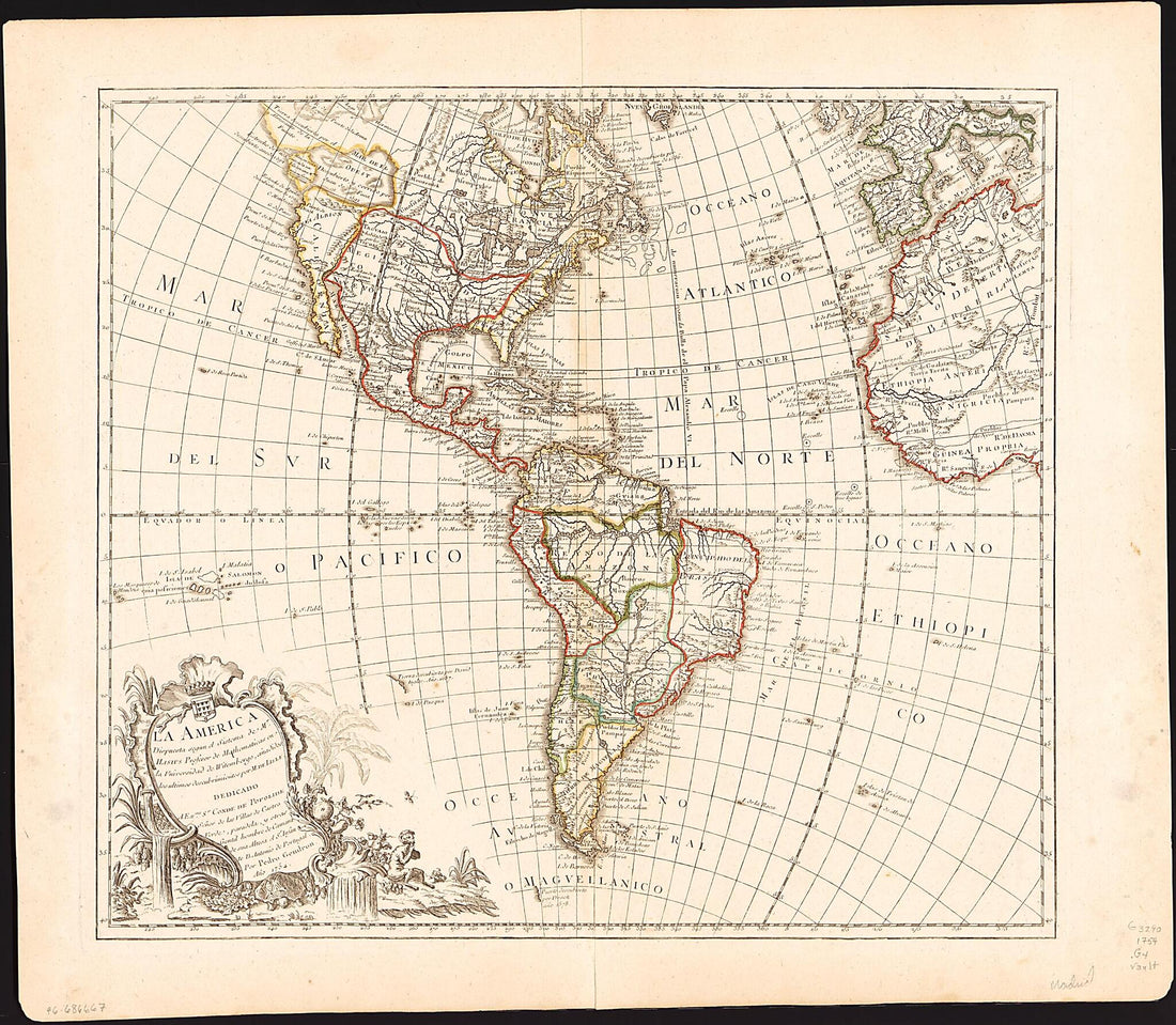 La America : Dispuesta Segun El Sistema De Mr. Hasius Profesor De Mathematicas En La Vniversidad De Witembergo, Añadidos Los Ultimos Descubrimientos Por M. De Lisle 1754 by Relic Map Company