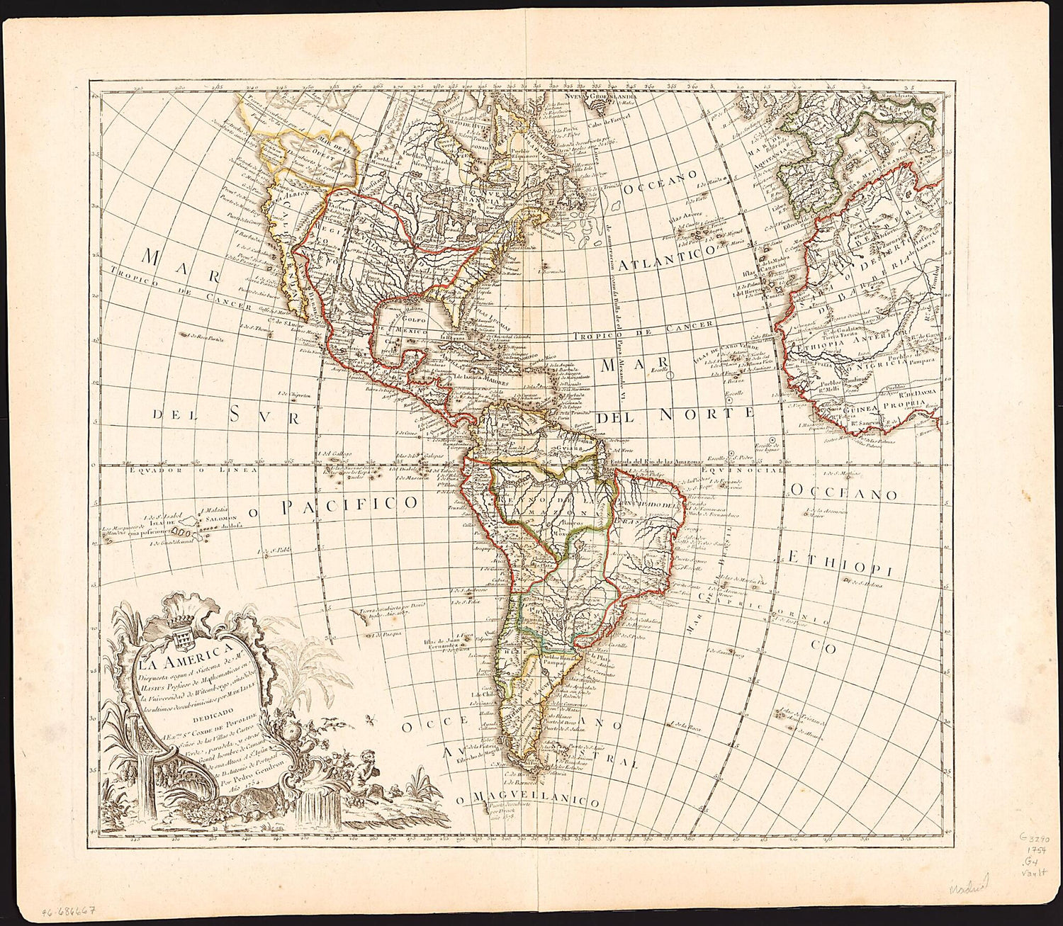 La America : Dispuesta Segun El Sistema De Mr. Hasius Profesor De Mathematicas En La Vniversidad De Witembergo, Añadidos Los Ultimos Descubrimientos Por M. De Lisle 1754 by Relic Map Company