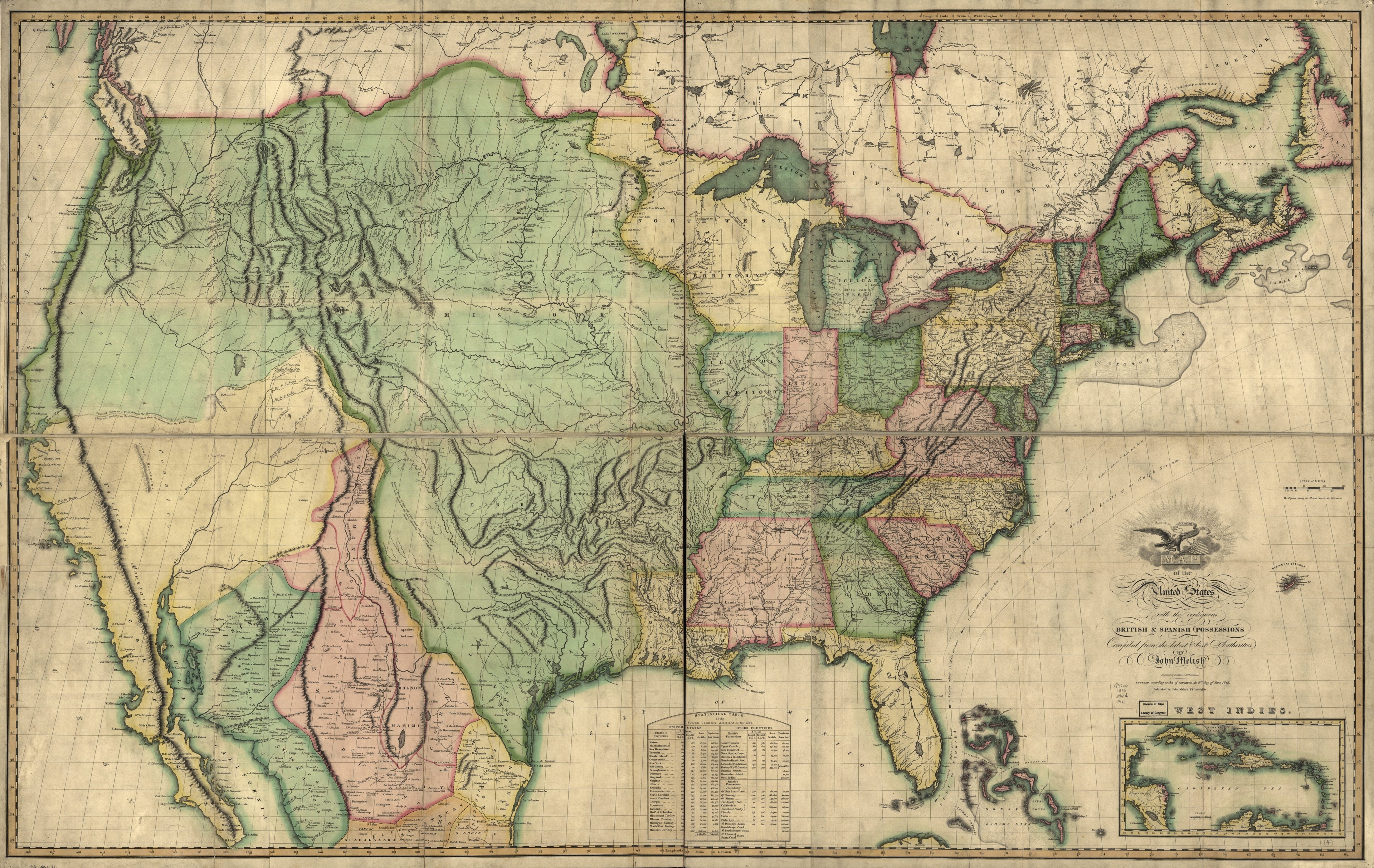 This old map of Map of the United States of America : With the Contiguous British and Spanish Possessions from 1816 was created by John Melish, Henry Schenck Tanner, J. (John) Vallance in 1816