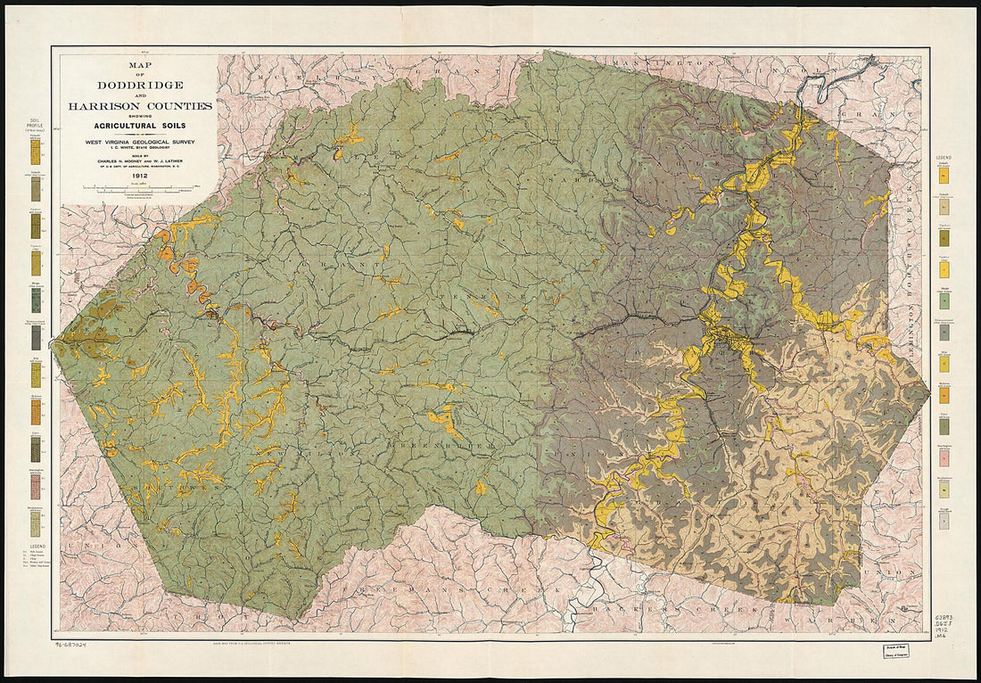This old map of Map of Doddridge and Harrison Counties Showing Agricultural Soils from 1912 was created by W. J. (William James) Latimer, Charles N. Mooney,  West Virginia Geological and Economic Survey, I. C. (Israel Charles) White in 1912
