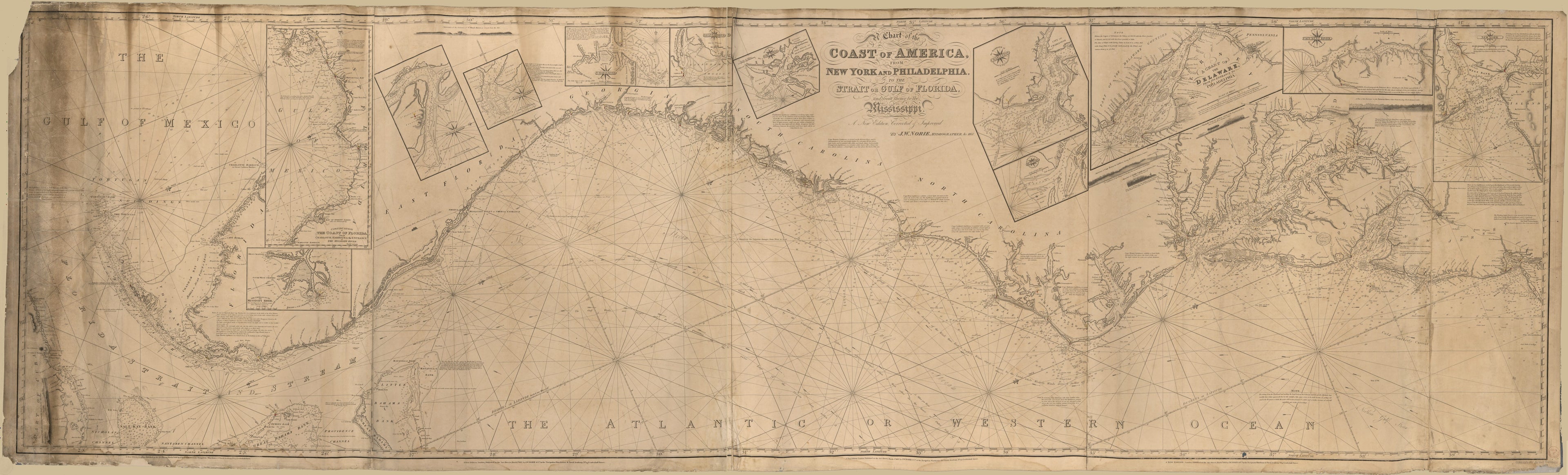 This old map of A Chart of the Coast of America : from New York and Philadelphia to the Strait Or Gulf of Florida, and from Thence to the Mississippi from 1837 was created by  J.W. Norie &amp; Co, J. W. (John William) Norie in 1837