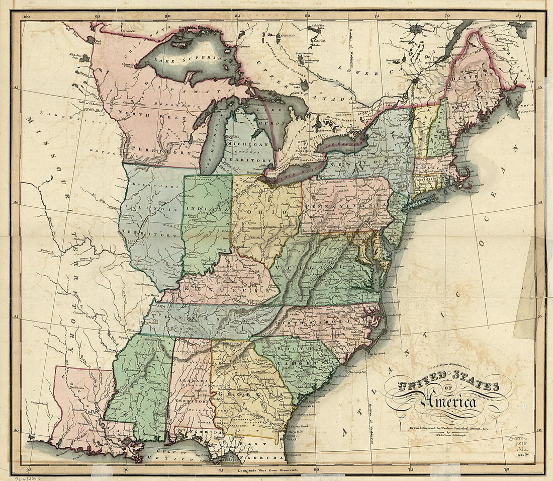 This old map of United States of America from 1818 was created by  W. &amp; D. Lizars in 1818