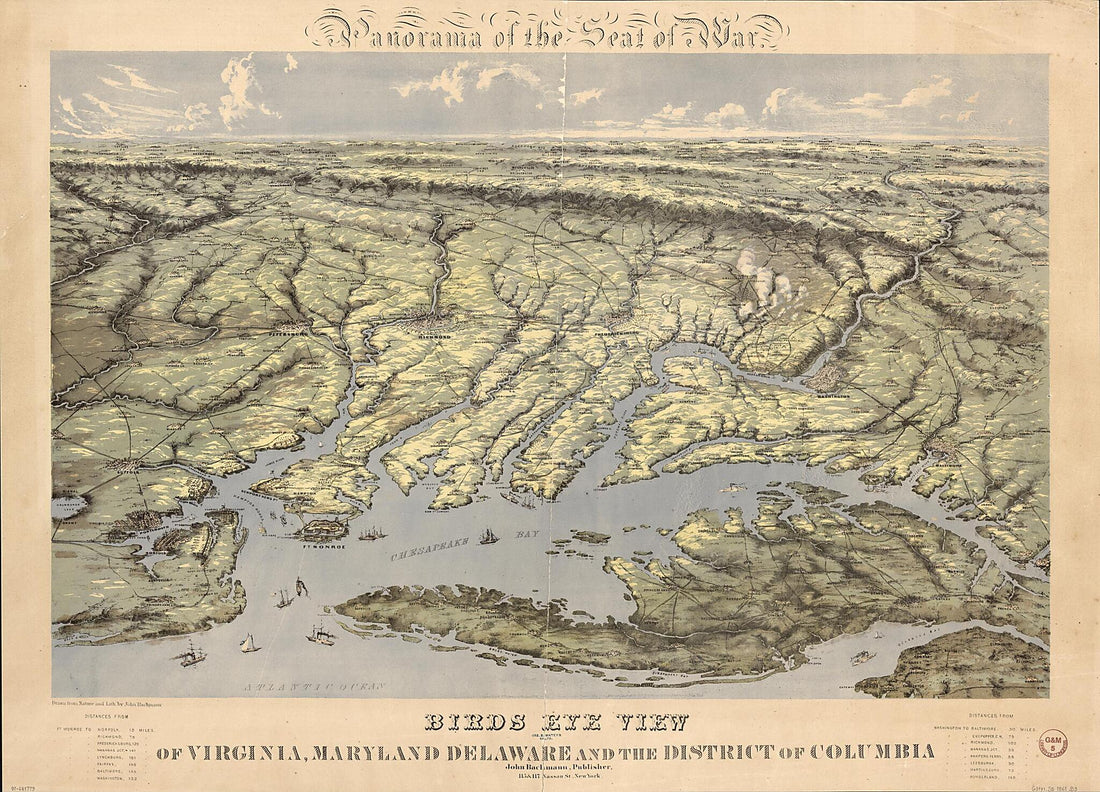 This old map of Panorama of the Seat of War. Birds Eye View of Virginia, Maryland, Delaware, and the District of Columbia (Birds Eye View of Virginia, Maryland, Delaware, and the District of Columbia) from 1861 was created by John Bachmann in 1861