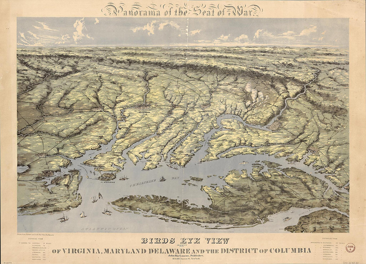 Panorama of the Seat of War. Birds Eye View of Virginia, Maryland, Delaware, and the District of Columbia (Birds Eye View of Virginia, Maryland, Delaware, and the District of Columbia) 1861 by Relic Map Company