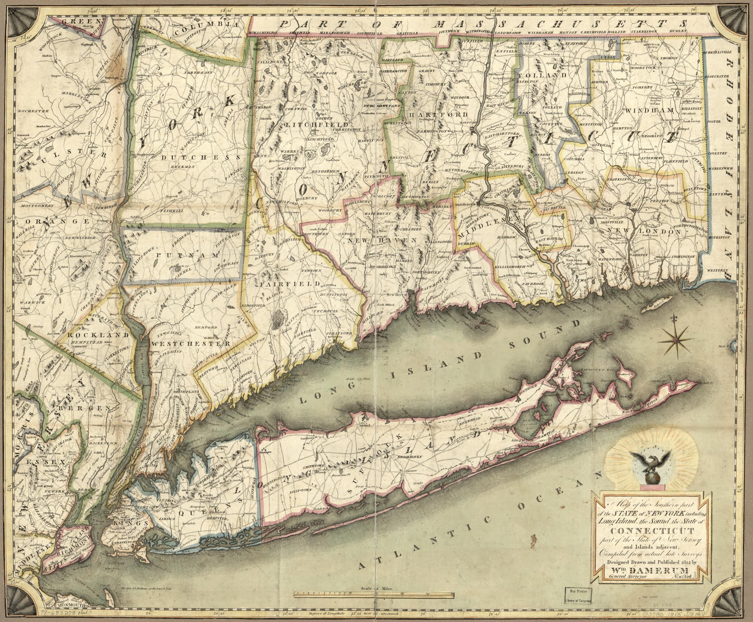 This old map of Map of the Southern Part of the State of New York Including Long Island, the Sound, the State of Connecticut, Part of the State of New Jersey, and Islands Adjacent : Compiled from Actual Late Surveys from 1815 was created by William Damer