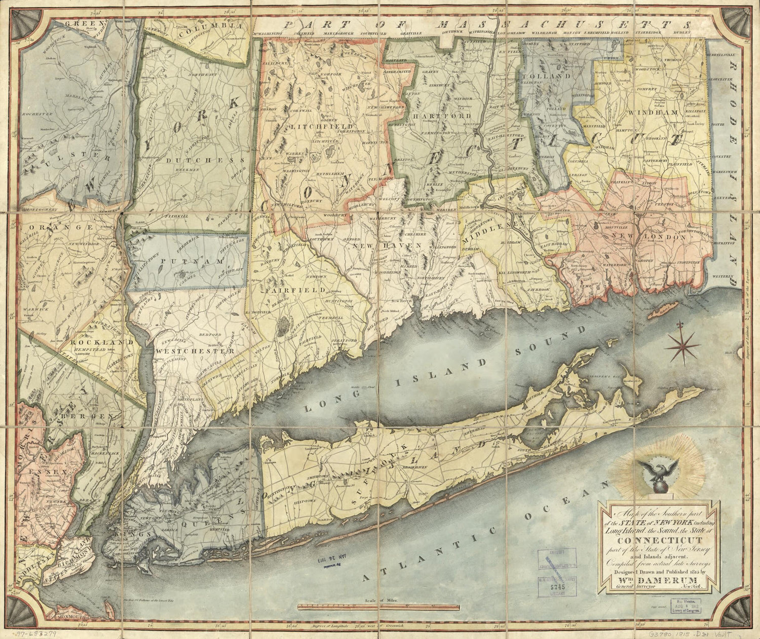 This old map of Map of the Southern Part of the State of New York Including Long Island, the Sound, the State of Connecticut, Part of the State of New Jersey, and Islands Adjacent : Compiled from Actual Late Surveys from 1815 was created by William Damer