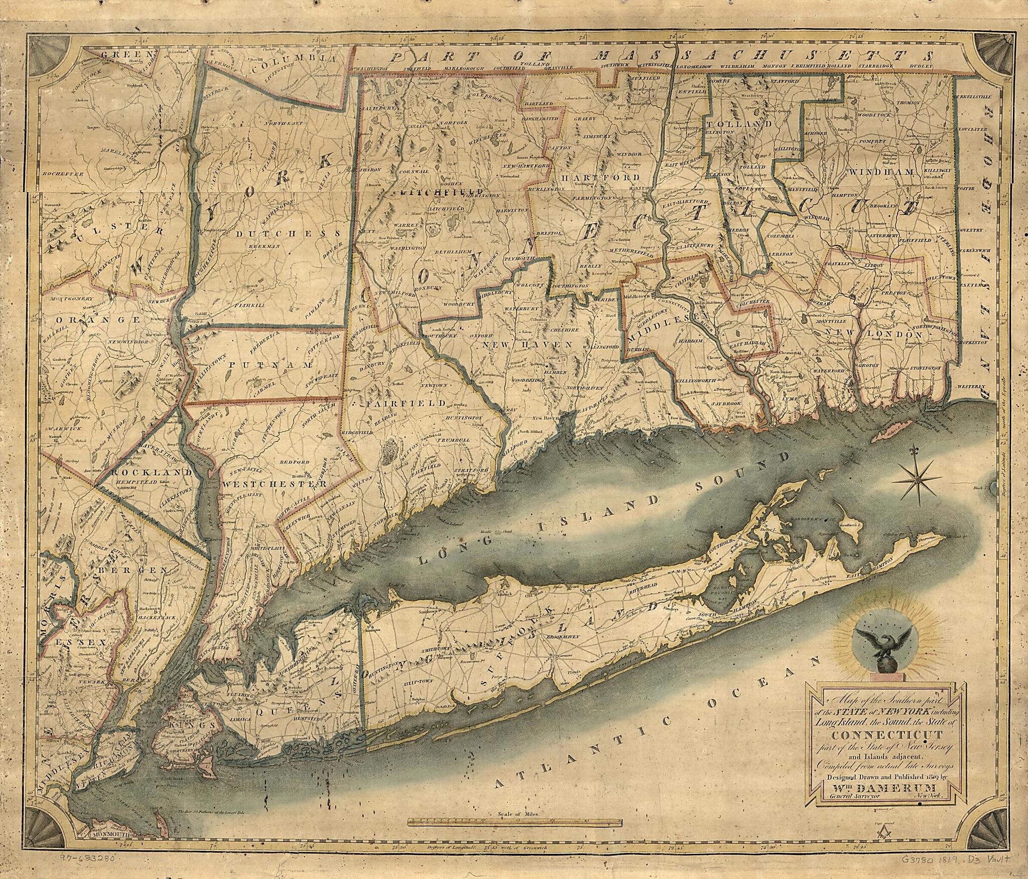 This old map of Map of the Southern Part of the State of New York Including Long Island, the Sound, the State of Connecticut, Part of the State of New Jersey, and Islands Adjacent : Compiled from Actual Late Surveys from 1819 was created by William Damer