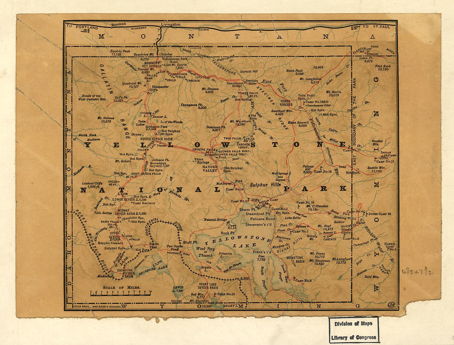 This old map of Yellowstone National Park, Wyoming from 1880 was created by  Poole Brothers in 1880