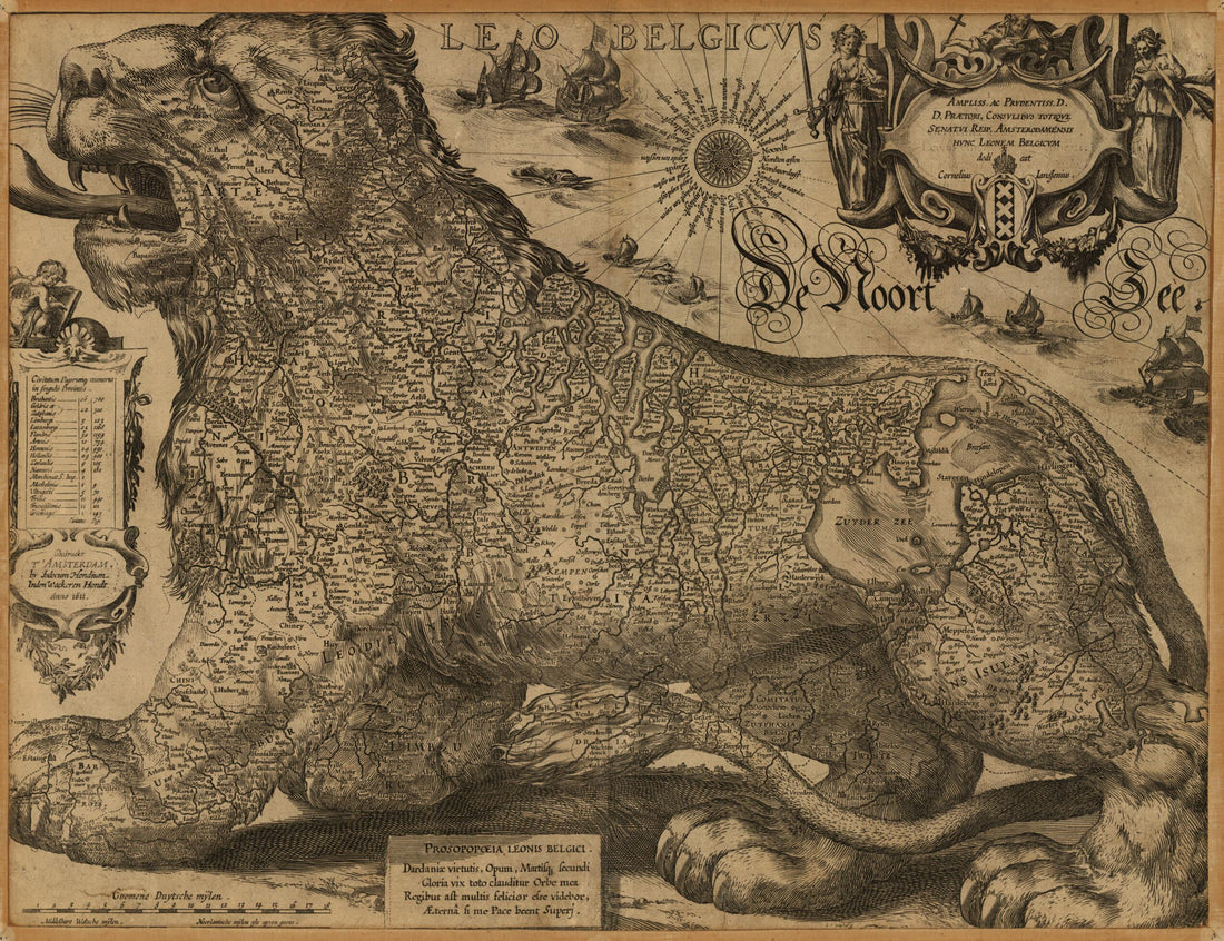 This old map of Leo Belgicus from 1611 was created by Jodocus Hondius in 1611
