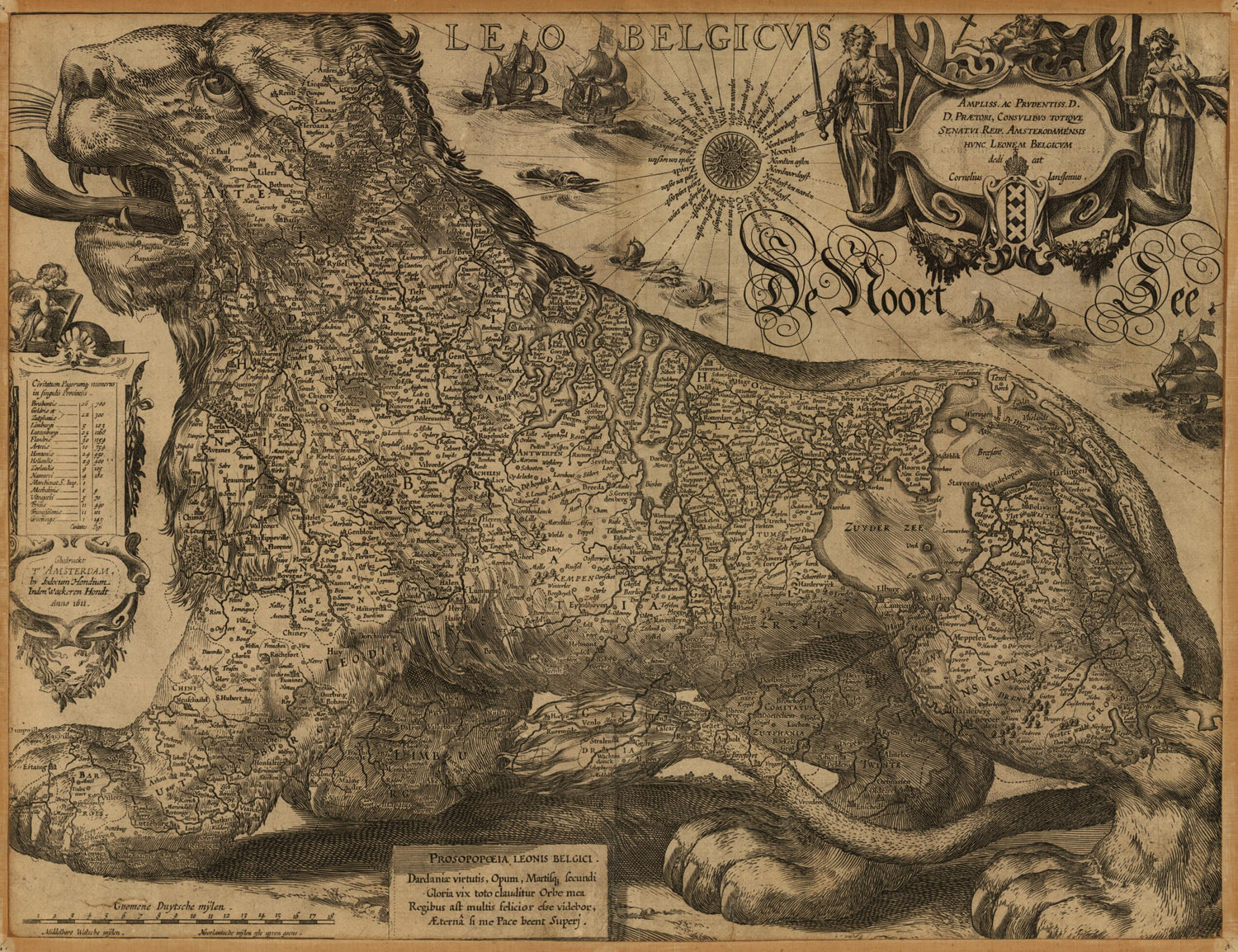 This old map of Leo Belgicus from 1611 was created by Jodocus Hondius in 1611