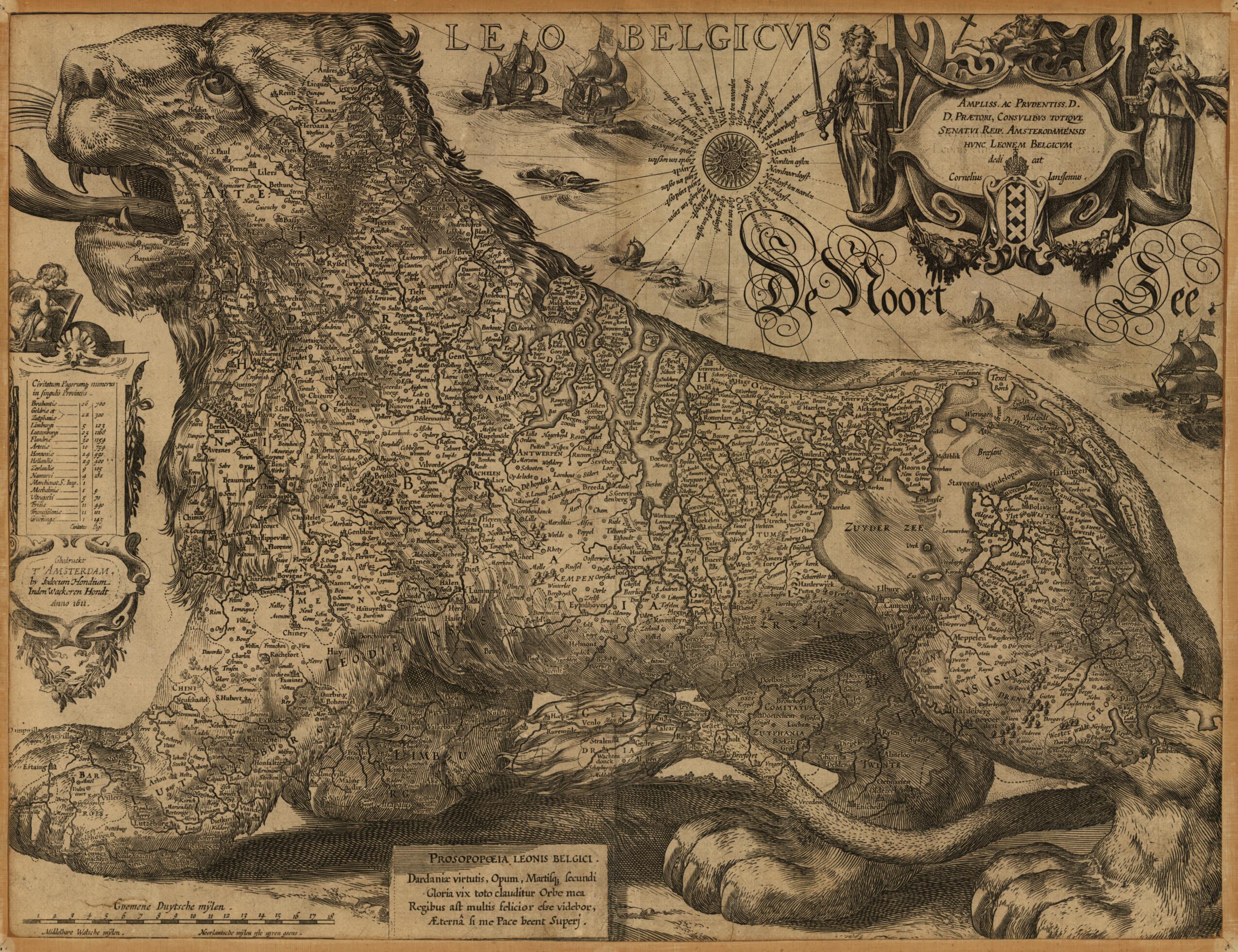 This old map of Leo Belgicus from 1611 was created by Jodocus Hondius in 1611