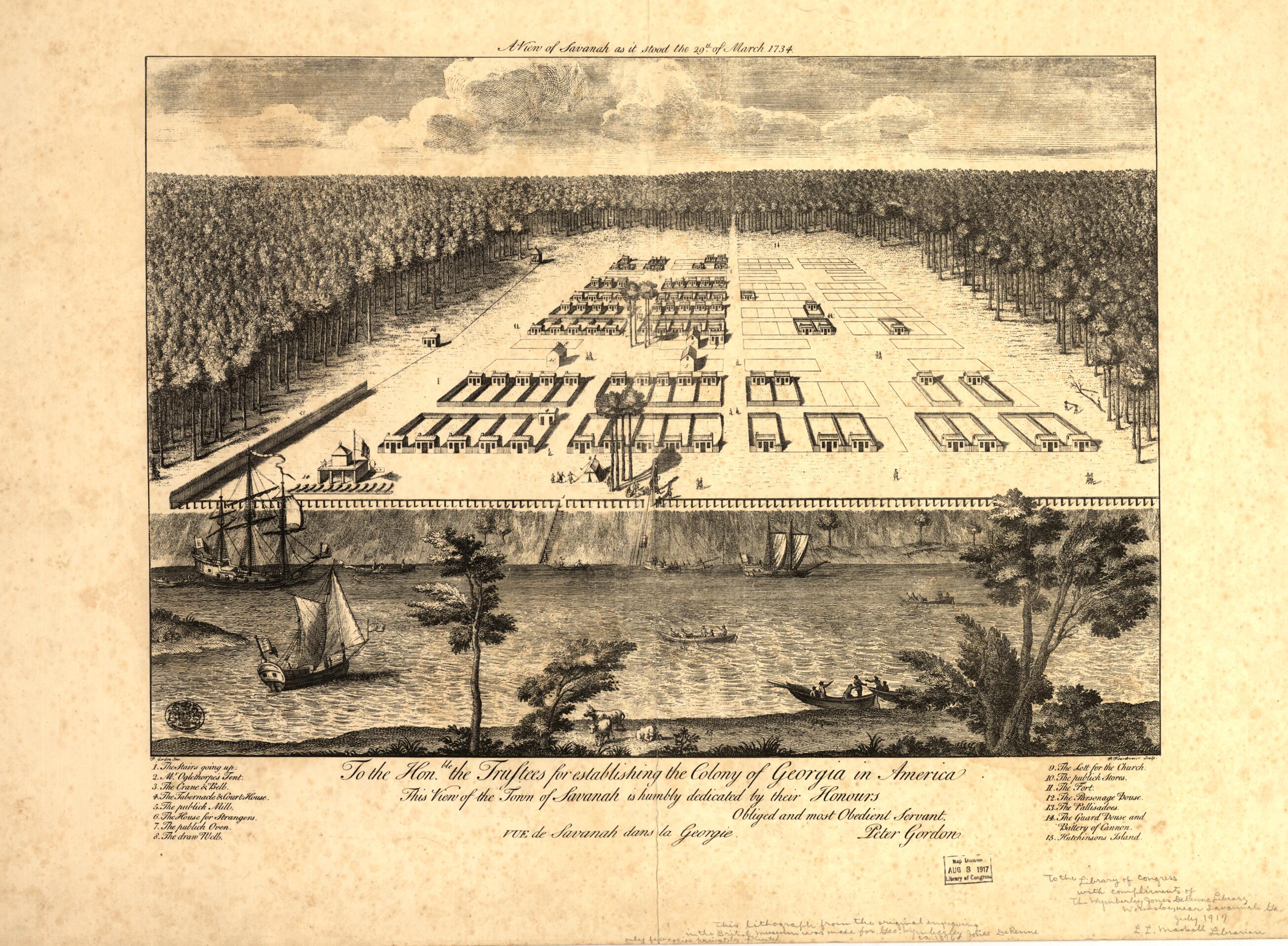 This old map of A View of Savannah As It Stood the 29th of March from 1734 was created by Peter Gordon in 1734
