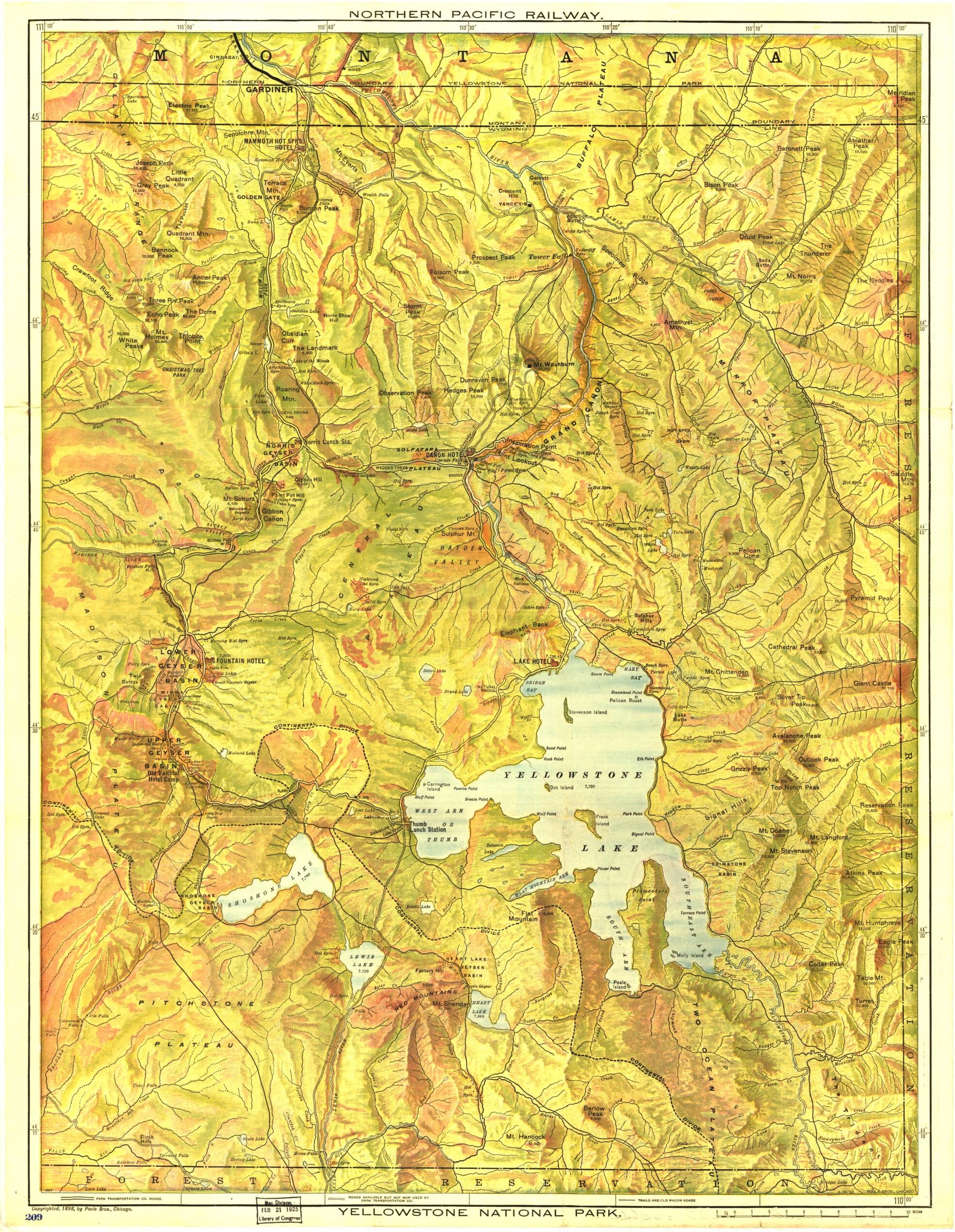This old map of Yellowstone National Park from 1903 was created by  Northern Pacific Railway Company,  Poole Brothers in 1903