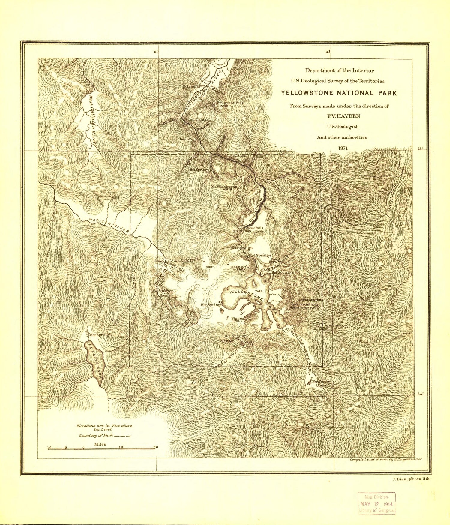 This old map of Yellowstone National Park : from 1871 was created by Julius Bien,  Geological Survey of the Territories (U.S.), F.V. (Ferdinand Vandeveer) Hayden, E. (Edwin) Hergesheimer,  United States. Department of the Interior in 1871
