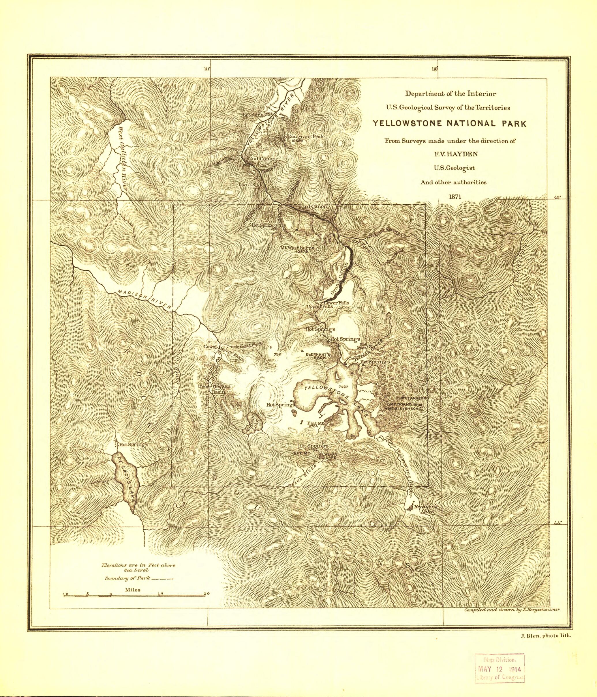 This old map of Yellowstone National Park : from 1871 was created by Julius Bien,  Geological Survey of the Territories (U.S.), F.V. (Ferdinand Vandeveer) Hayden, E. (Edwin) Hergesheimer,  United States. Department of the Interior in 1871