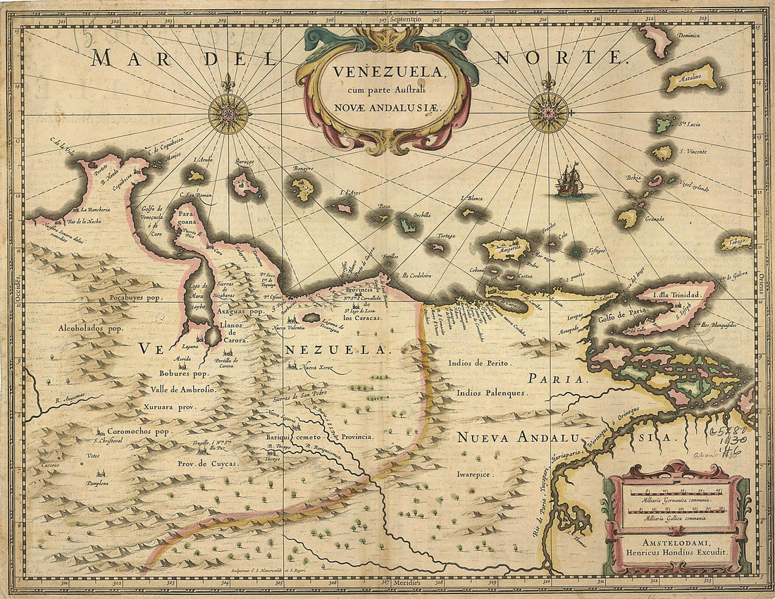This old map of Venezuela, Cum Parte Auftrali Novae Andalausiae from 1630 was created by Hendrik Hondius in 1630