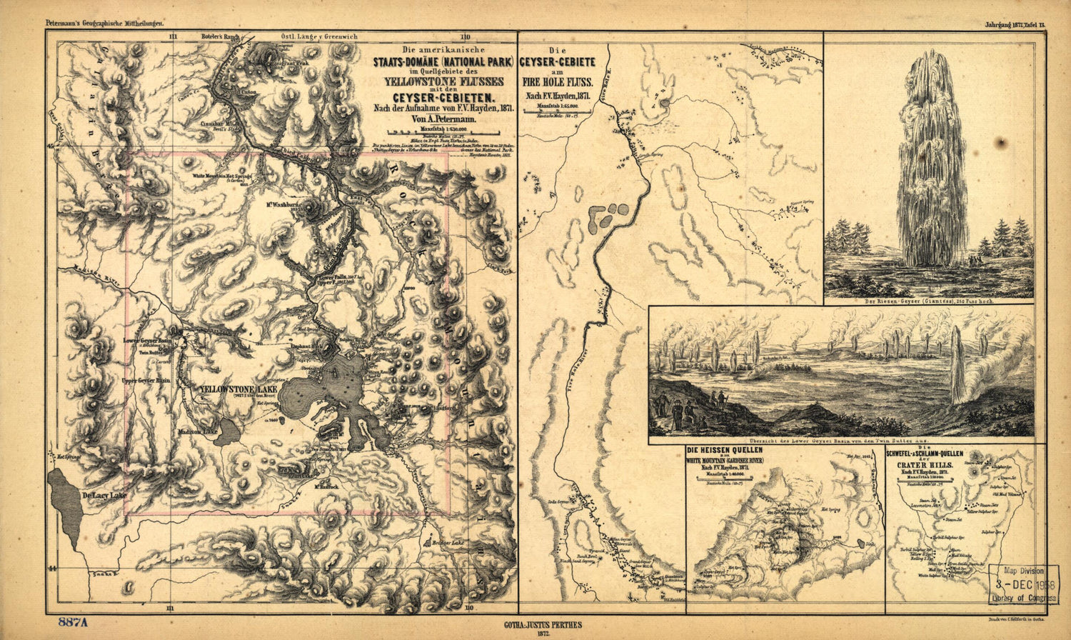This old map of Domäne (National Park) Im Quellgebiete Des Yellowstone Flusses Mit Den Geyser-Gebieten from 1871 was created by F.V. (Ferdinand Vandeveer) Hayden, Germany) Justus Perthes (Firm: Gotha, A. (August) Petermann in 1871