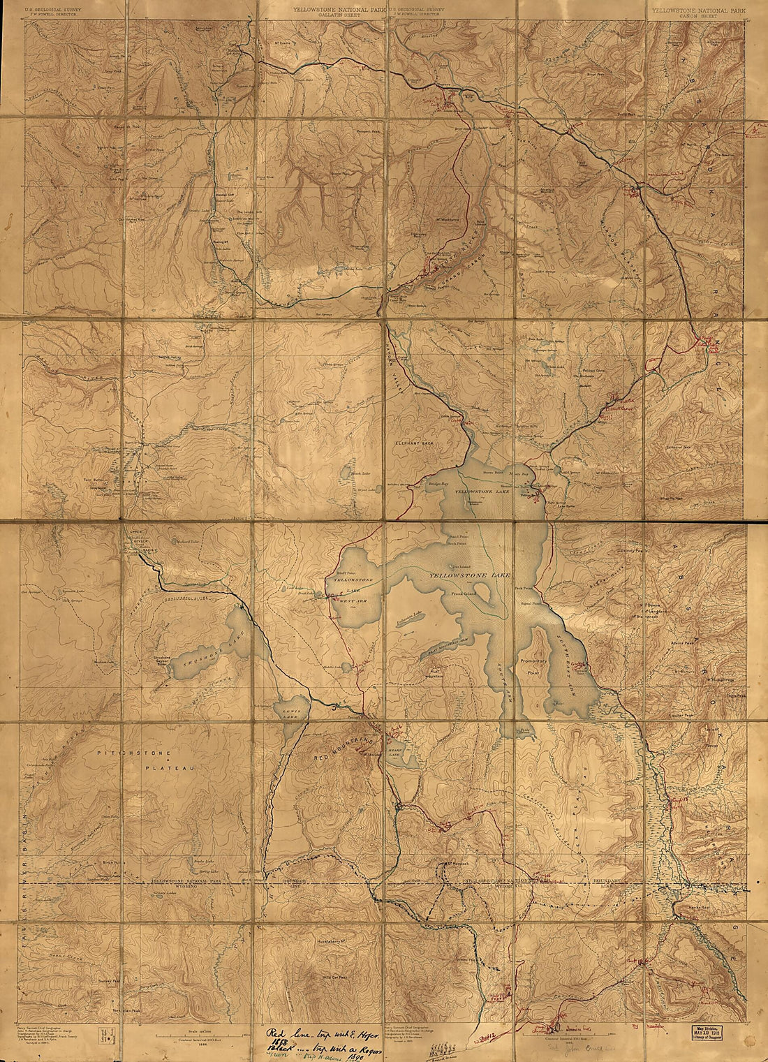 This old map of Yellowstone National Park from 1886 was created by Henry Gannett,  Geological Survey (U.S.), John Wesley Powell, John H. Renshawe in 1886