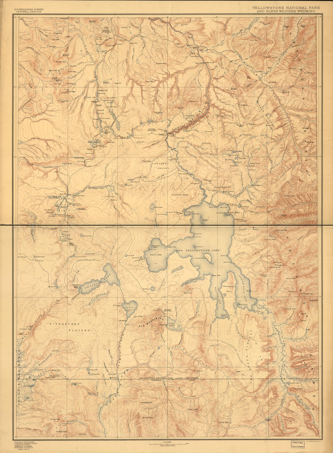 This old map of Yellowstone National Park and North Western Wyoming from 1885 was created by Henry Gannett,  Geological Survey (U.S.), John Wesley Powell, John H. Renshawe in 1885